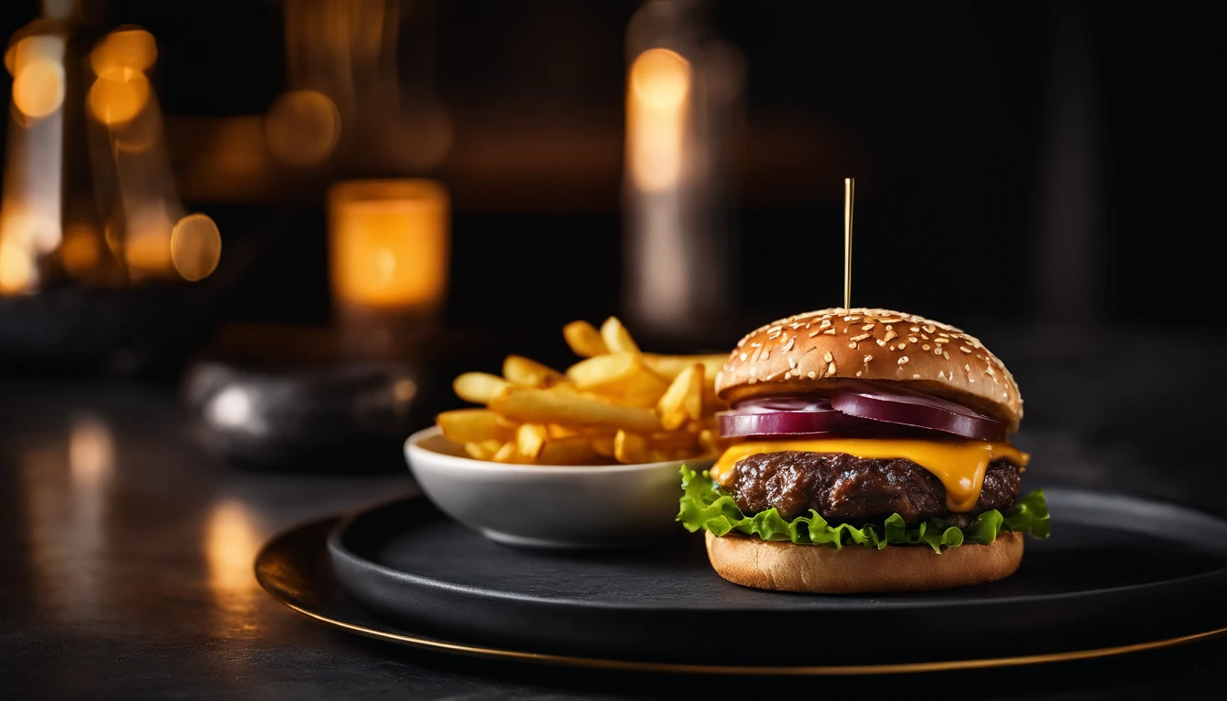 An aesthetic photo of a hamburger served on a trendy black slate plate with a side of golden crispy fries, showcasing the burger’s modern and stylish presentation