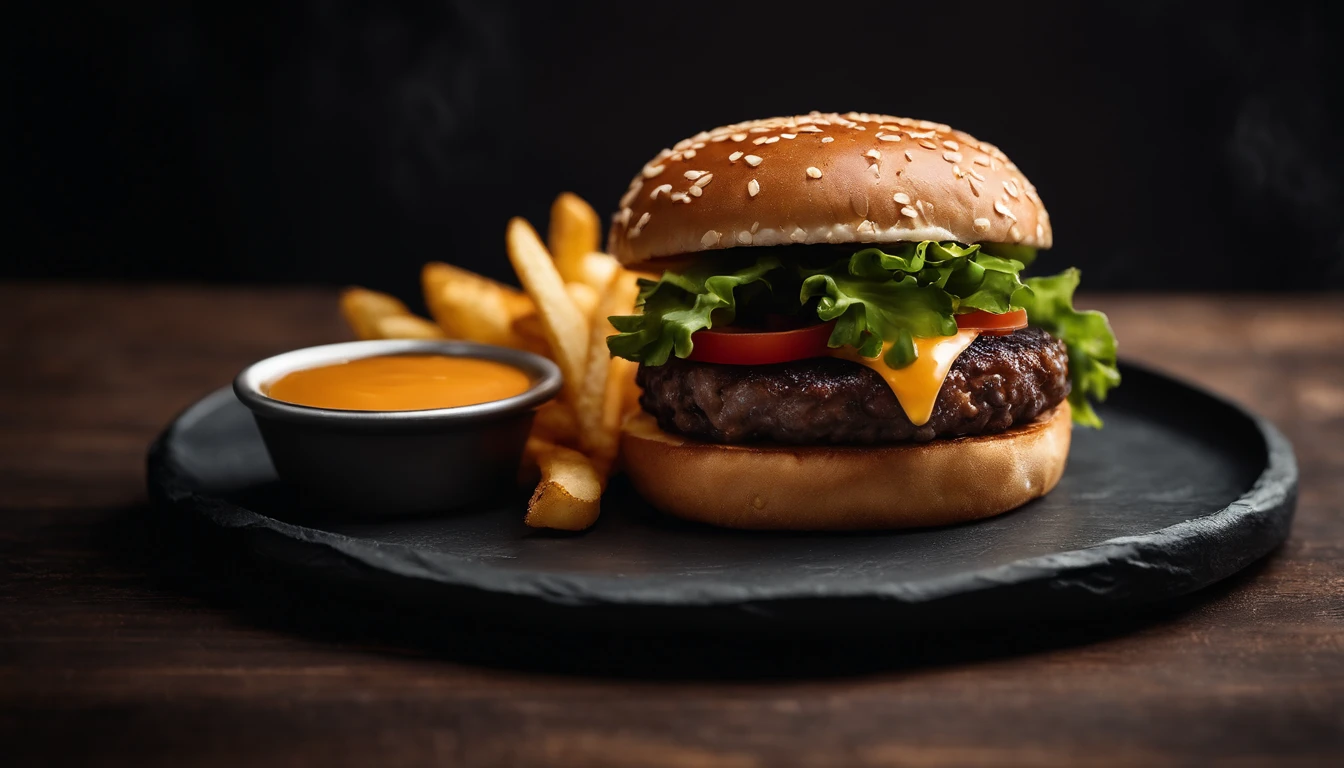 An aesthetic photo of a hamburger served on a trendy black slate plate with a side of golden crispy fries, showcasing the burger’s modern and stylish presentation