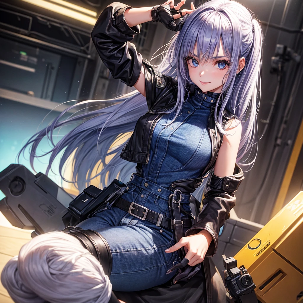 A young woman with robotic arms, olhos violetas e cabelos longos na cor roxa e violeta. She's wearing a denim jumpsuit, uma jaqueta de couro preta e um par de botas de cano alto. She is standing in front of a camera, In a photography studio. Young woman is smiling, com um olhar confiante no rosto.