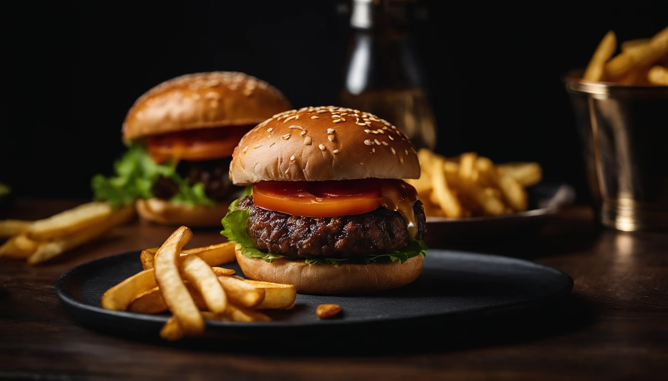 An aesthetic photo of a hamburger served on a trendy black slate plate with a side of golden crispy fries, showcasing the burger’s modern and stylish presentation