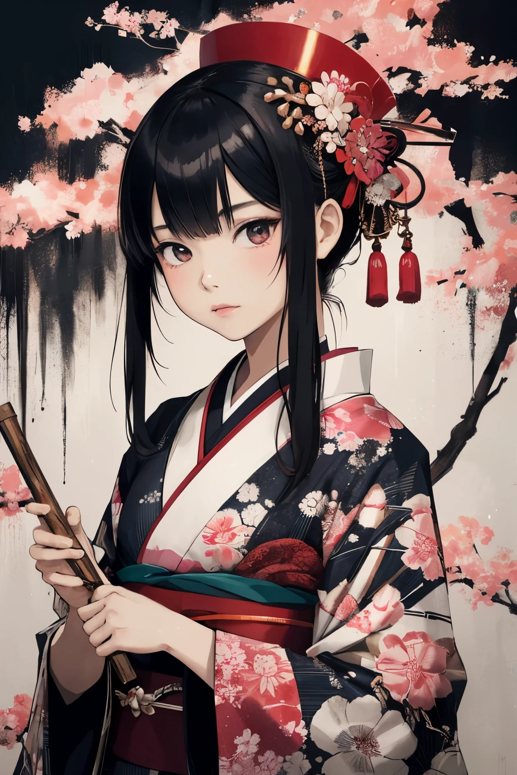 In this digital painting, the artist uses a striking technique using wet oil ink poured over the representation of a very young girl Asian "Japanese" with a very beautiful face realistic a hat on your head, in a kimono with magnificent light colors under the Sakuras in bloom, which gives a captivating and visually striking image. Visible ink stains add texture and depth, giving the artwork a unique dimension. The overall style exudes captivating disorder and dynamism, further intensified by the ink splatter effect which gives the composition edge and intensity.
Bold, dramatic colors take center stage in the painting, with a compelling mix of dark and vibrant tones. The artist masterfully uses contrasting colors to enhance the enigmatic and menacing aura that surrounds the young girl Japanese. These colors serve to accentuate shadows, highlight the glow of one's weapon, or highlight intricate details of one's attire, thus amplifying the visual impact of the piece.
The young girl Japanese in a kimono is depicted with confidence and intimidation, exuding an unmistakable sense of power and authority. The artist skillfully captures his sharp features, intense gaze and elegant clothing to communicate an imposing presence. The deliberately messy style and ink splatters contribute to a raw, gritty vibe, enhancing the overall visual intensity of the artwork.
This digital painting, using wet oil ink, ink splatters and an attractive color palette, presents a convincing and intense depiction of a young Japanese young girl in a kimono. The fusion of the messy style, dramatic color palette, and dynamic character portrayal creates a visually appealing piece that encapsulates the allure of the underworld and the mysterious persona of the Asian "Japanese" very young girl. It’s a signature performance echoing the daring spirit of street life.