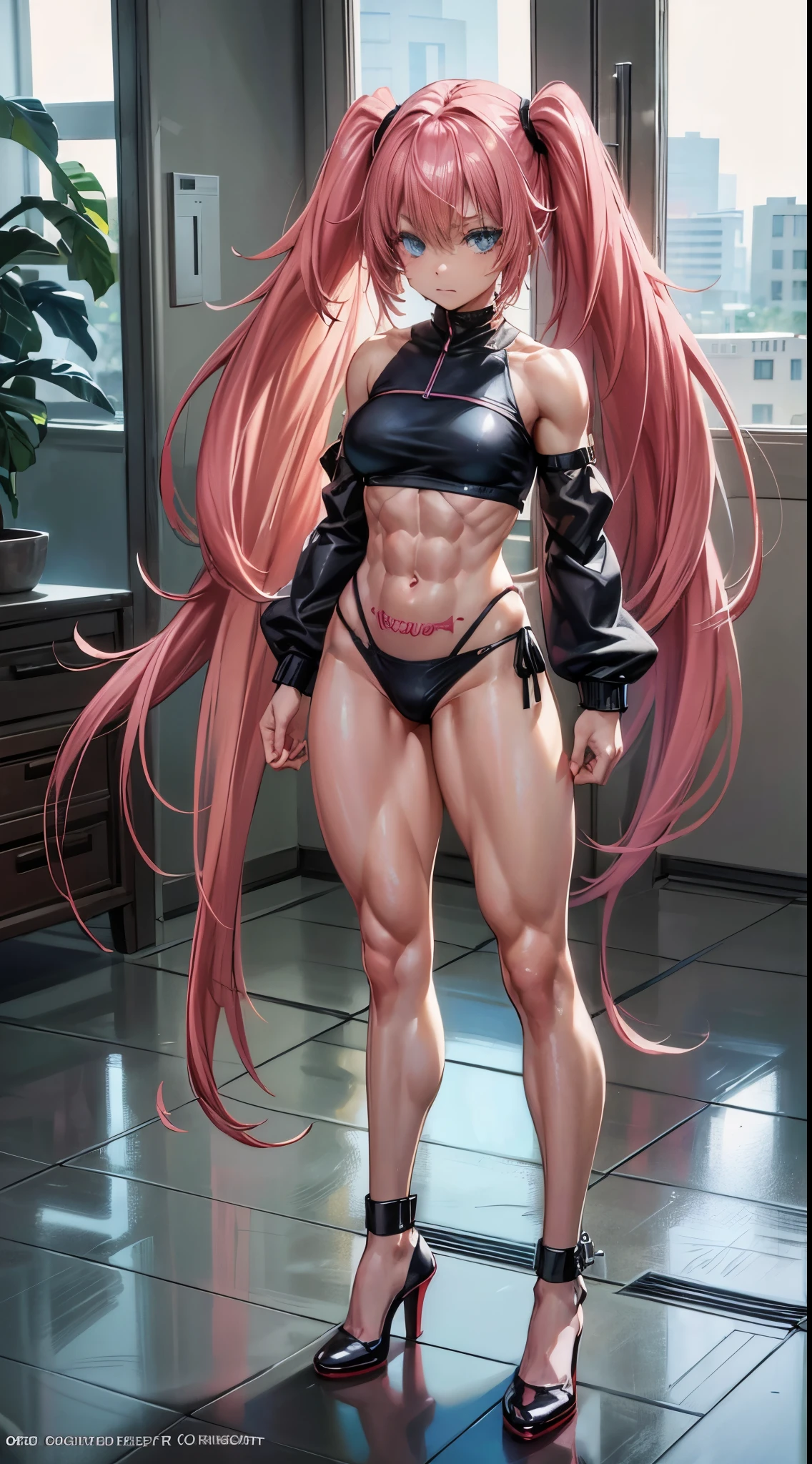 1 girl, medium breasts, (wearing short and very sexy bikini), (long pink hair), (((blue eyes))), thin arms, (in the motel room), (thin waist), (((muscular legs) ))), muscular belly, wearing a red high heel shoe, (((standing))), (twintais), Long Eyes, bad mood, eye reflection, anime, anime style, ray tracing, reflection, drop shadow , panorama, Sony FE, 8k, UDisk, master piece, accurate, anatomically correct, Super Detail, best quality, ultra-high resolution, hard drive, 16k