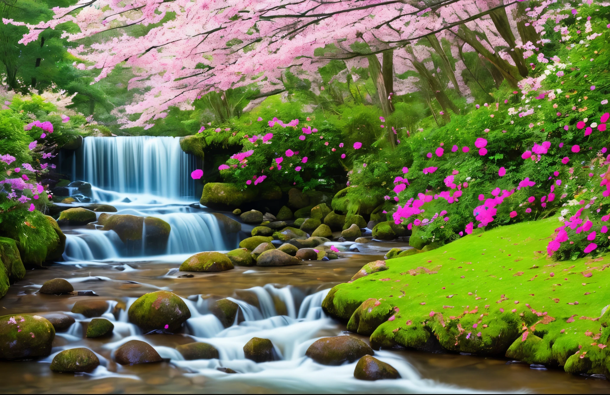 beautiful stream, flowers on the banks, lush landscape, fantastic world --auto --s2