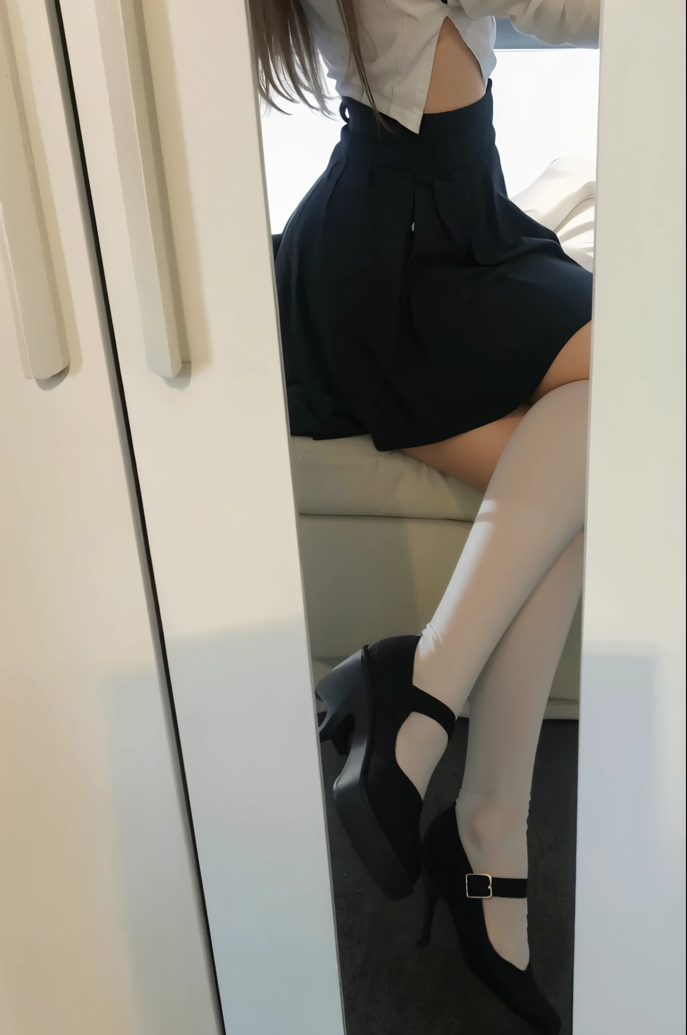 (stairs:1.2),ass, kneehighs, looking back,(pantyshot:1.1), pleated skirt, white panties,running,(from below:1.1),