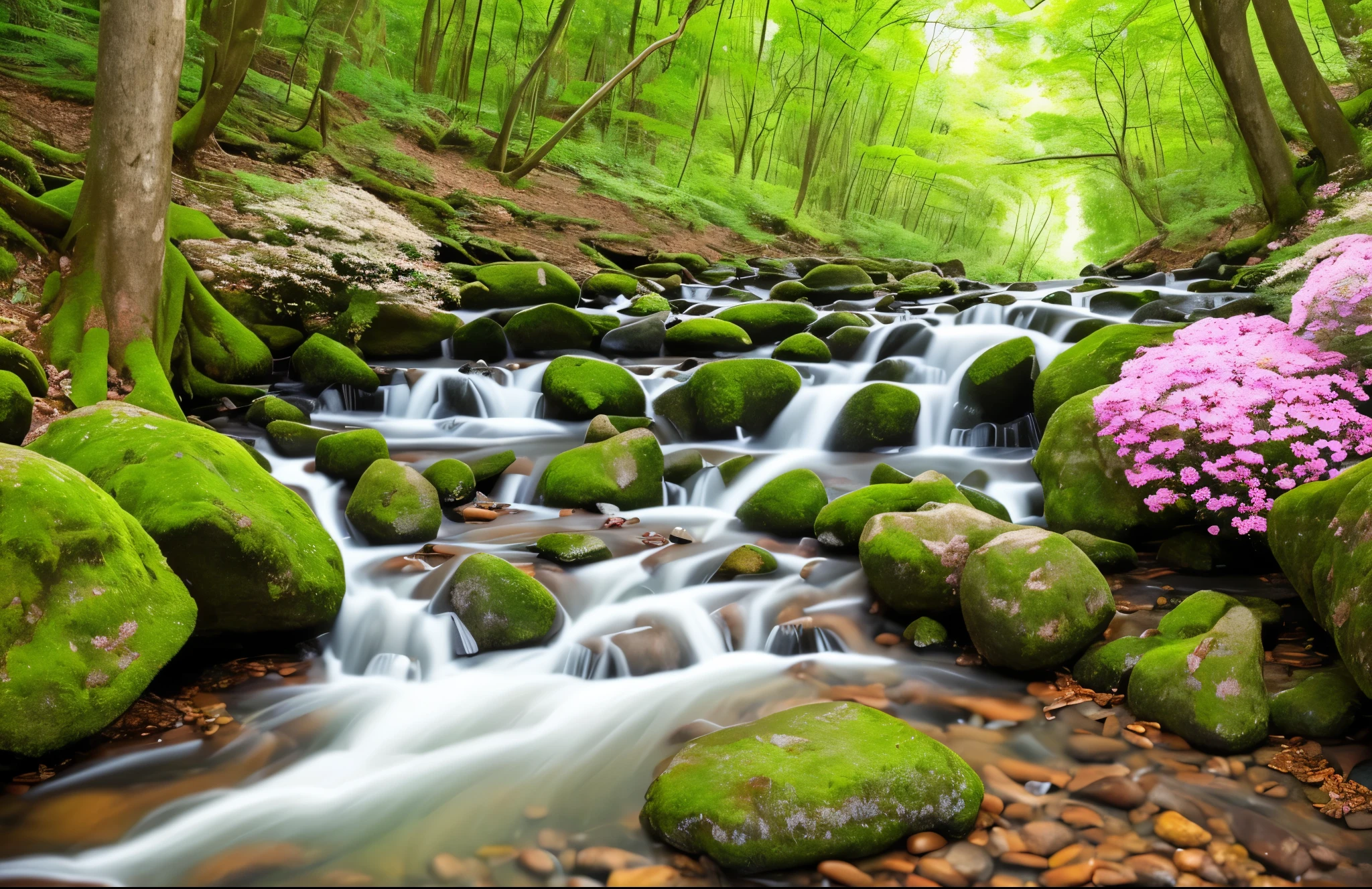 beautiful stream, flowers on the banks, lush landscape, fantastic world --auto --s2