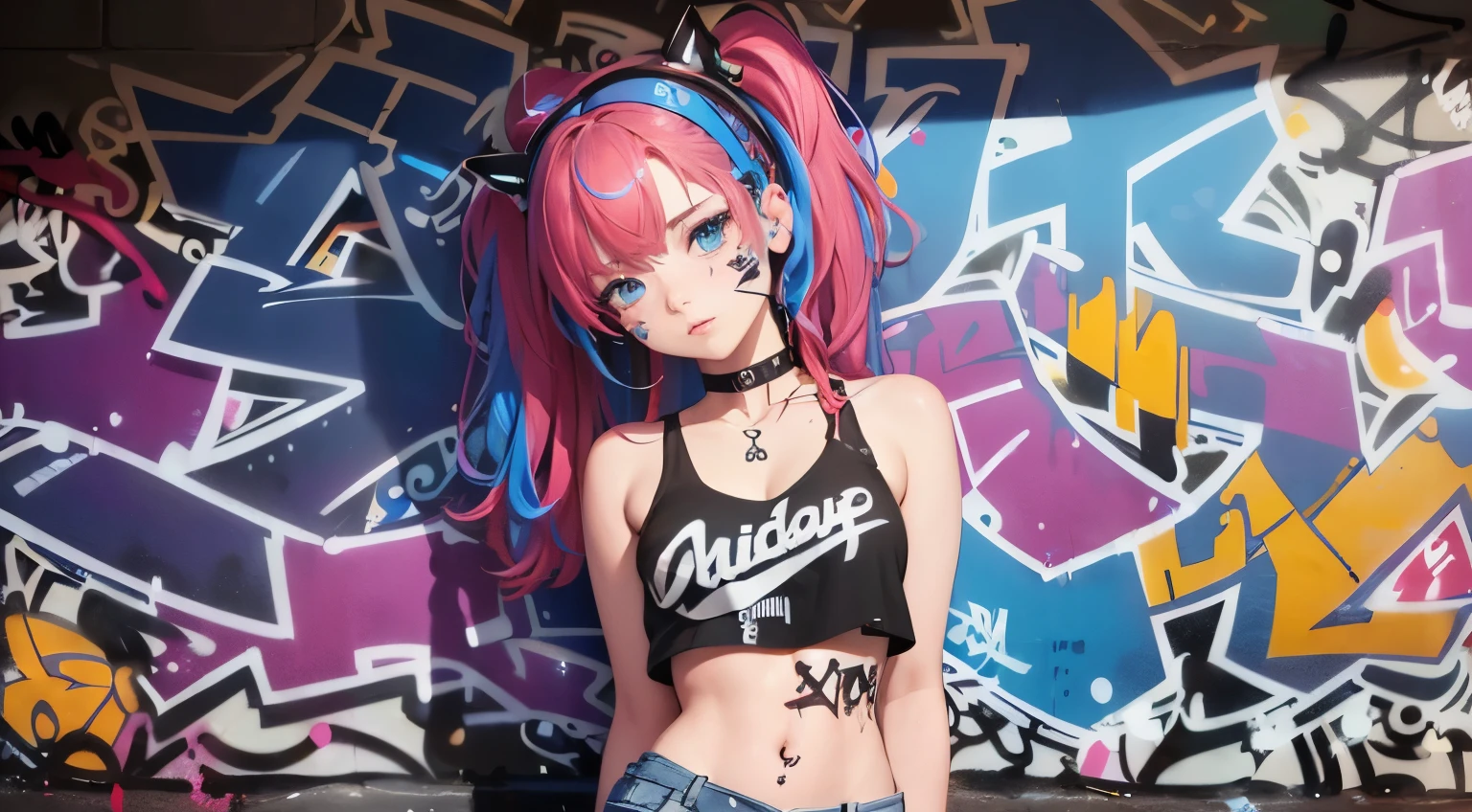 ((bestquality)), ((masterpiece)), (Detailed), Maximum resolution,A face as beautiful as a goddess.,ผmasterpiece, bestquality, 1girls, bara, crop top, shorts jeans, choker, (Graffiti:1.5), color splashes, arm behind back, against wall, looking at the audience, , Thigh strap, paint on the wall, Head tilt, bored, multicolored hair, The eyes are extremely detailed.., headset,2 fingers