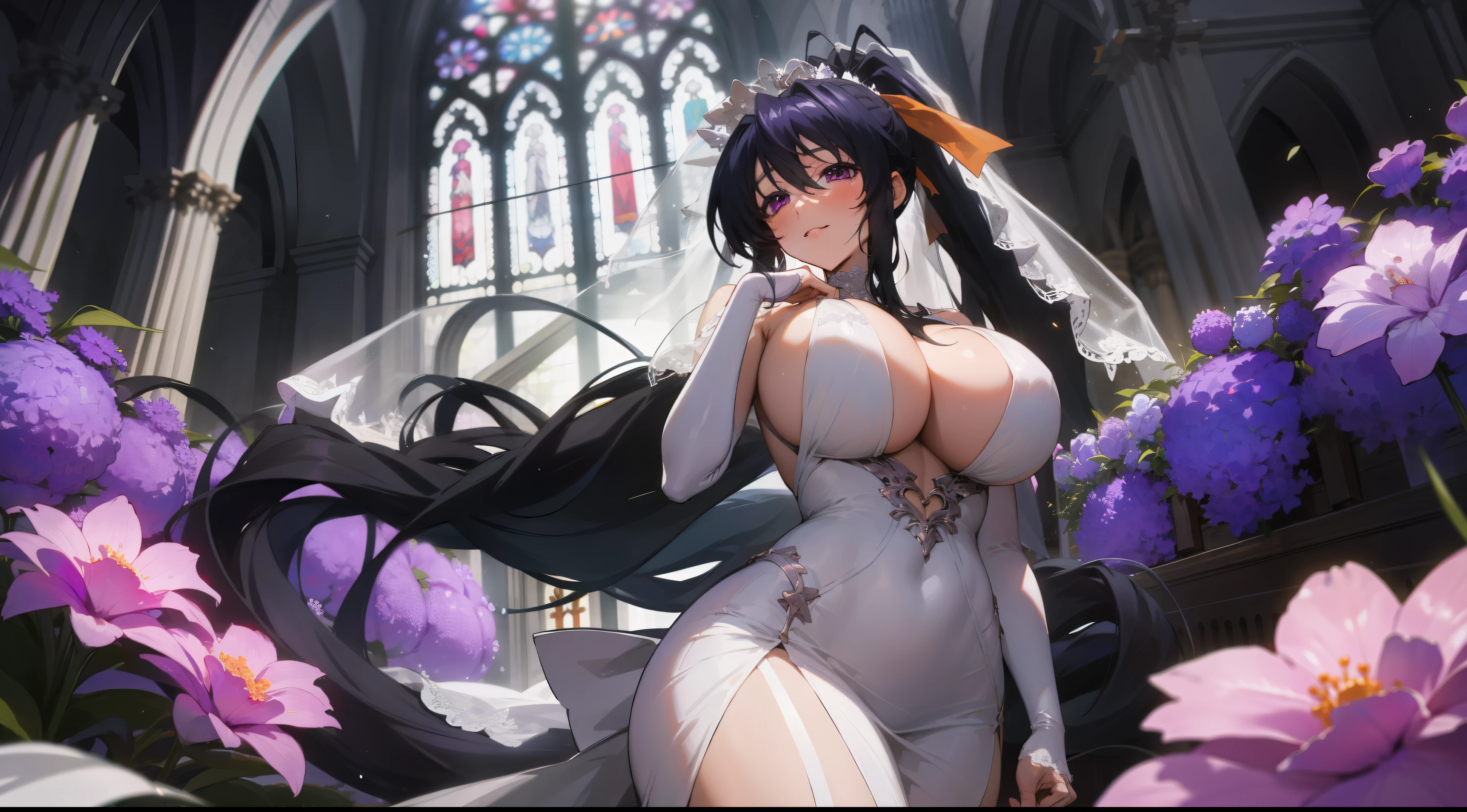(1girl), himejima_akeno, black hair, ponytail, ((very long hair)), ribbon,), huge tits, purple Flowers, in a wedding dress, church, bridal veil,