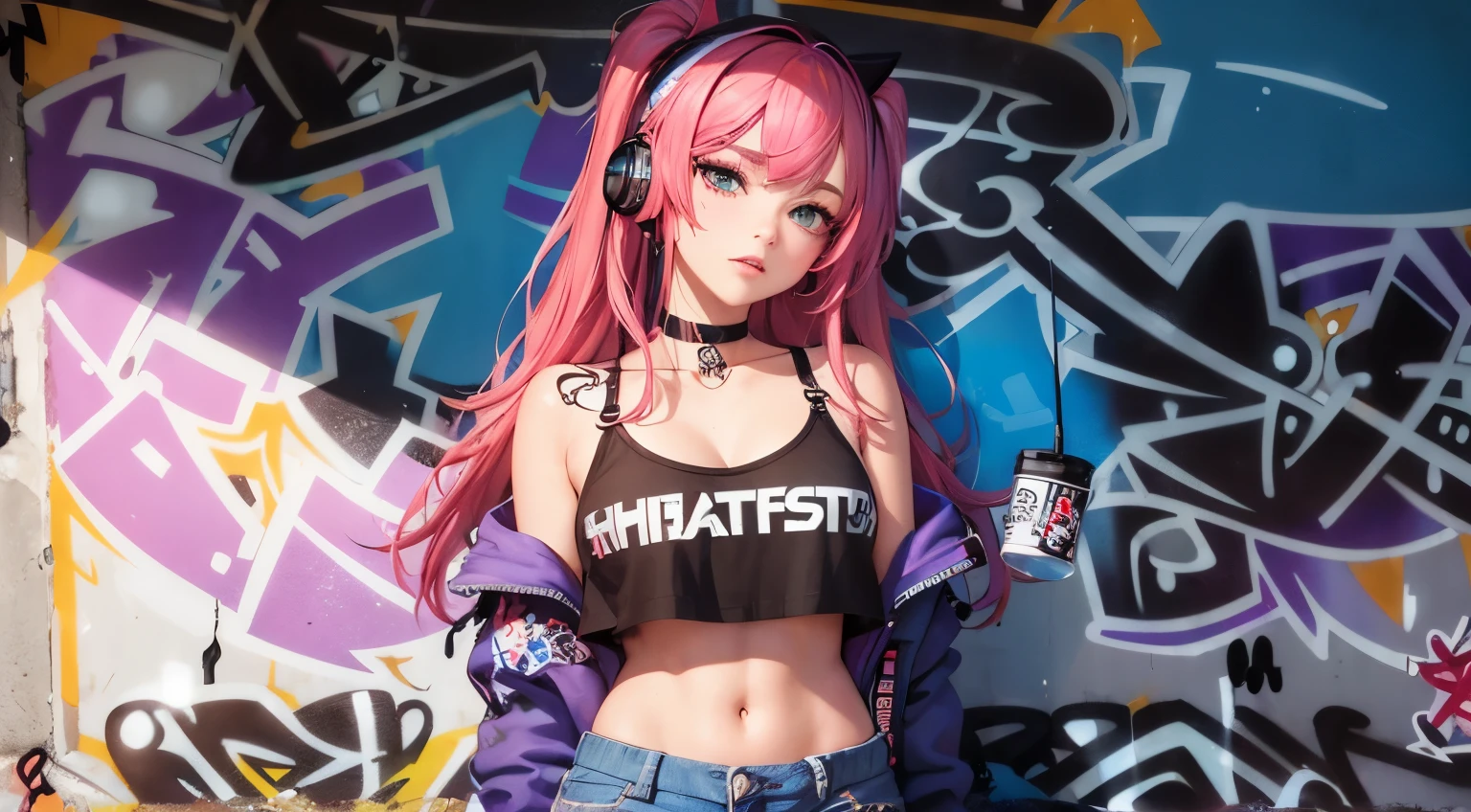 ((bestquality)), ((masterpiece)), (Detailed), Maximum resolution,A face as beautiful as a goddess.,ผmasterpiece, bestquality, 1girls, bara, crop top, shorts jeans, choker, (Graffiti:1.5), color splashes, arm behind back, against wall, looking at the audience, , Thigh strap, paint on the wall, Head tilt, bored, multicolored hair, The eyes are extremely detailed.., headset,