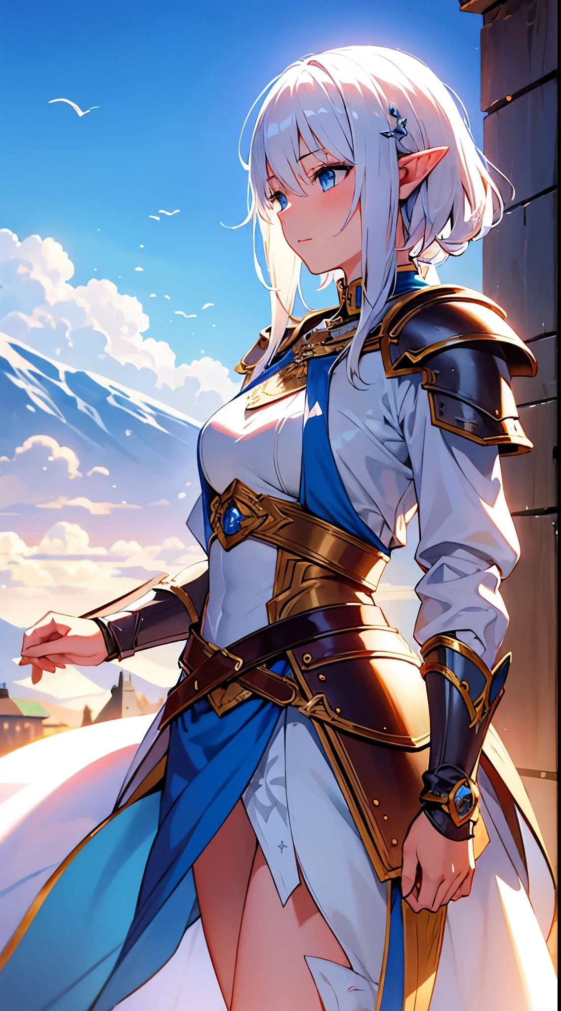 [[[ ultra-detailed, best quality, soft skin, beautiful, 4K]]] elf, white hair, medium hair, silky hair, wolf cut, hairpin ornament, blue eyes, adventurer leather armor, fit body, adventurer cloak, stoic, reserved, dynamic, village inn