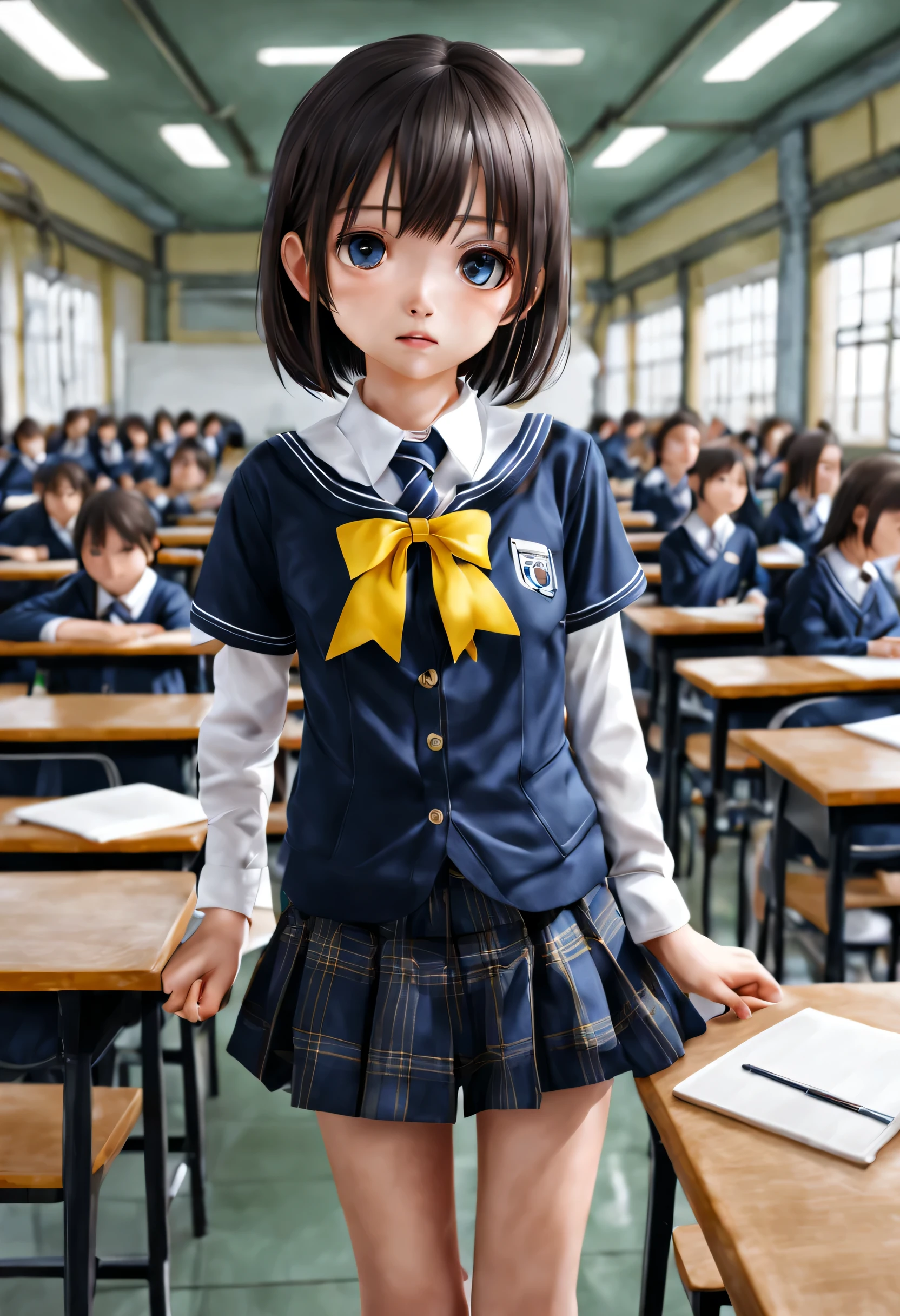 photorealestic, young girl, high detail, hiquality, Masterpiece, (small breasts)), at the school, ultra short school uniform, one girls, the anime