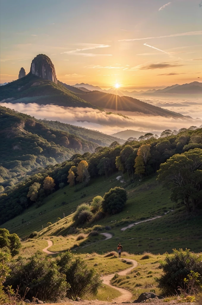 deslumbrante e fascinante paisagem natural, majestic mountains are towering in the distance, cobertas por exuberantes bosques que se desvanecem nas brumas. um rio serpenteante reflexa as sombras quentes e acogengantes do por do sol, and the sky is painted with vibrant colors ranging from soft pink to intense orange