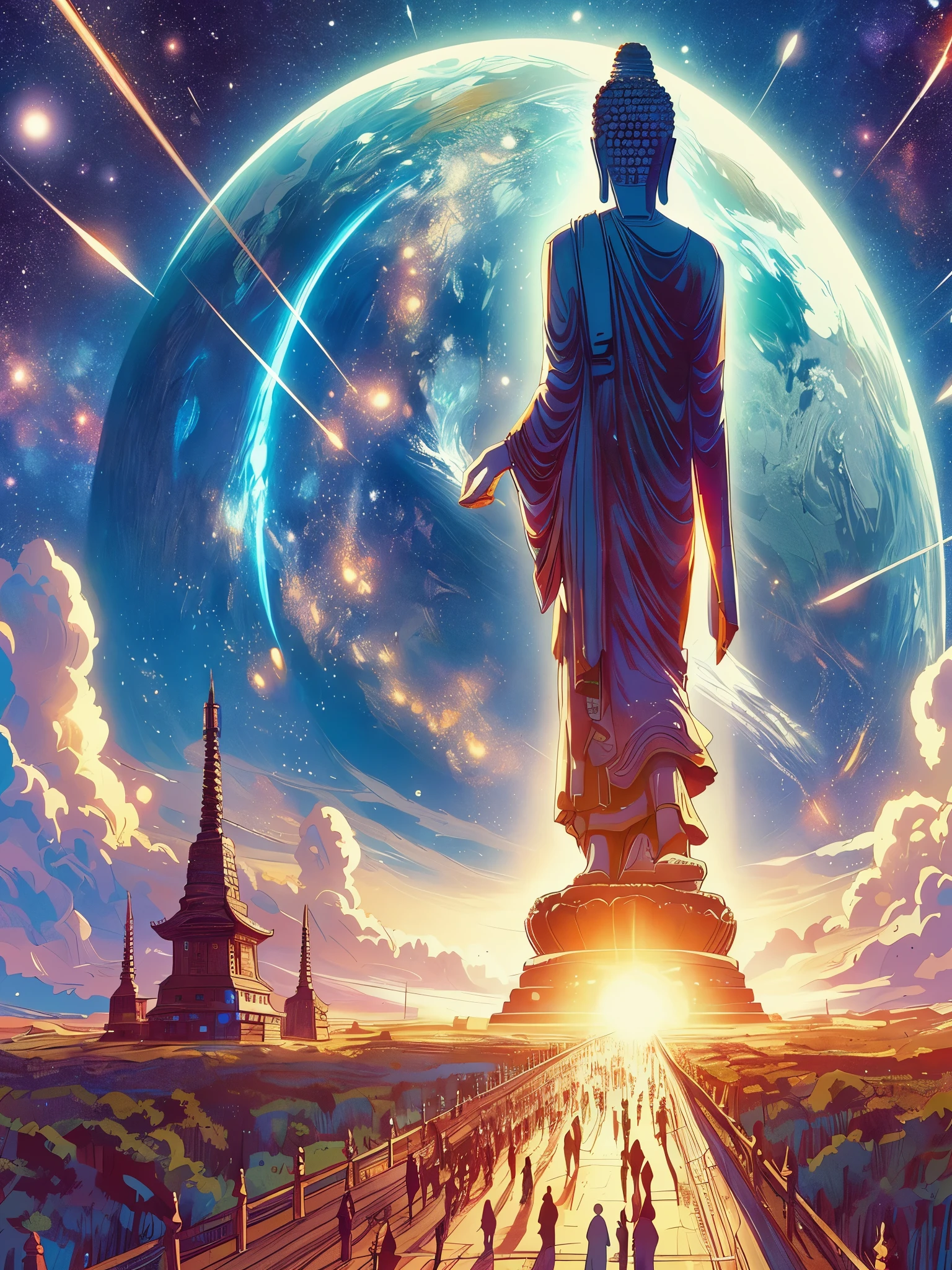 Draw an anime scene In the distance, A huge tall Buddha statue stands in space,Gaze at the earth,Standing Buddha statue,with light glowing,Glow effects,Pilgrims on the road, Works of masters, vibrant saturated colors,