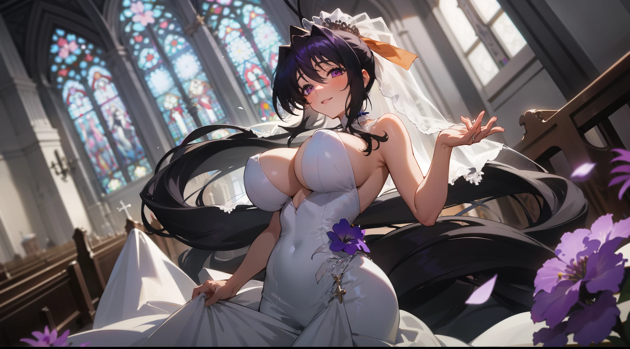 (1girl), himejima_akeno, black hair, ponytail, ((very long hair)), ribbon,), huge tits, purple Flowers, in a wedding dress, church, bridal veil,
