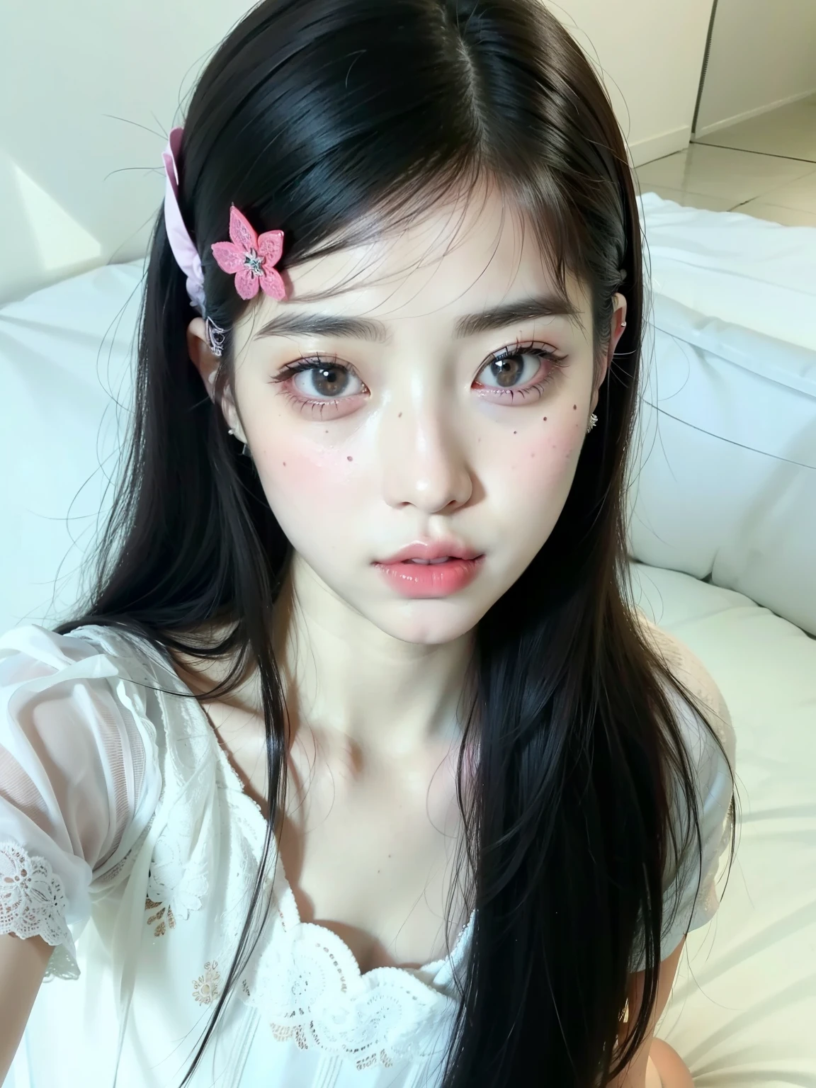 Chica arafed con cabello rosado y un par de tijeras en el cabello., ulzzang, pale fair skin!!, Hermosa Delphine, pale snow white skin, Wan adorable cara coreana, Kim Doyoung, Joven y adorable rostro coreano, pale porcelain white skin, young cute wan asian face, chica linda-fina-cara, Jisoo de Blackpink, Jinyoung Shin