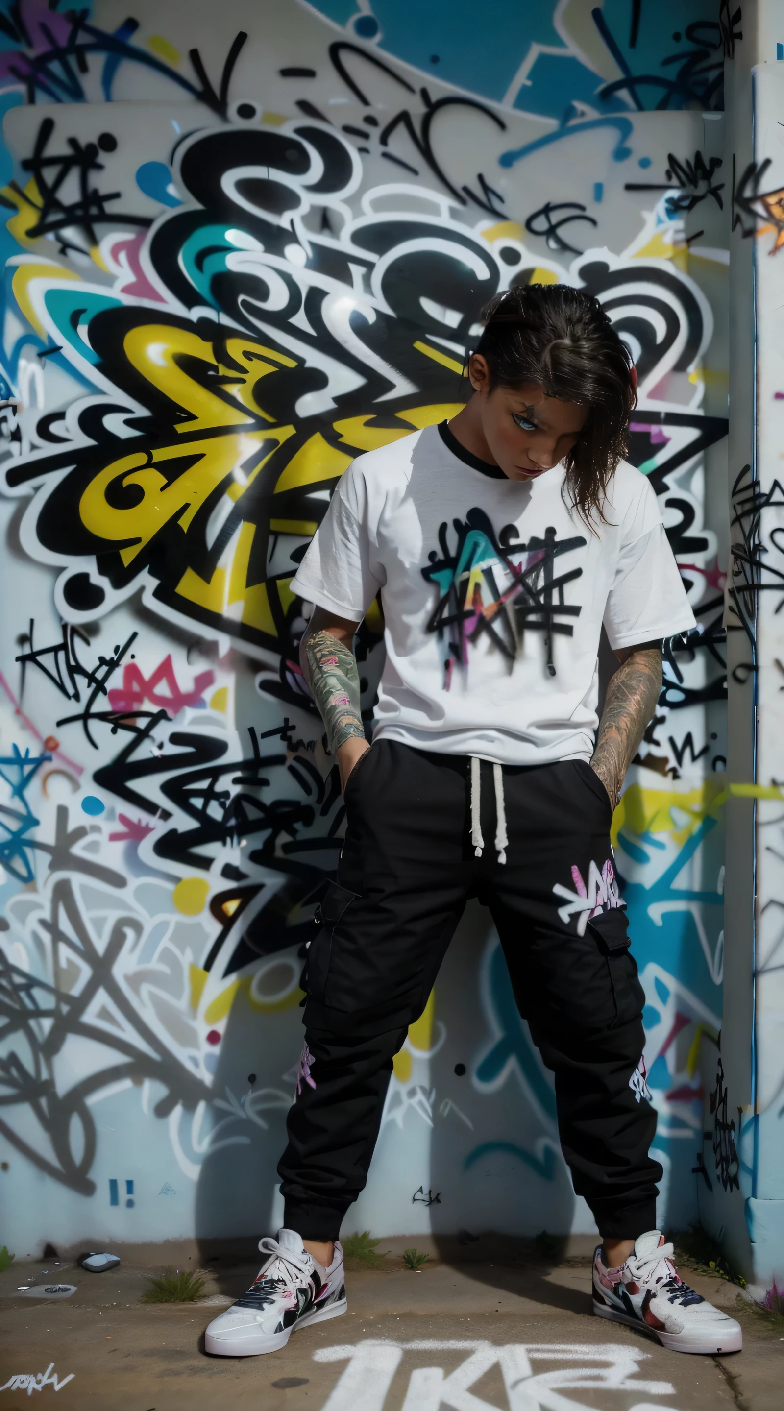 obra maestra, mejor calidad, ((1 boy)), un hombre solo, viste un jersey de la marca troy lee designs con una frase impresa: "GAFAX", pantalones Troy Lee Designs, zapatos Vans, (graffiti: 1.5), salpicadura de pintura, contra la pared, mirando al espectador, brazalete, correa para el muslo, pintura en el cuerpo, head bowing, aburrido, cabello multicolor, ojos aguamarina, auriculares,