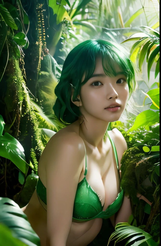 8K resolution, RAW photo-like highest quality, masterpiece-like clarity and detail, Dense tropical rainforest setting, Sense of luxury, Lush greenery, Exotic flowers, Vines, Natural abundance, Mysterious atmosphere, 20-year-old Japanese idol, Full body, Sexy pose, Confidence and charm, Perfect physique, Striking green hair, Green underwear, Harmonious blend with rainforest backdrop, Face artfully concealed, Natural elements like leaves, Shadows or light beams, Intriguing mystery, Photo-realistic style, Emphasizing minute details, Extremely detailed 8K wallpaper creation, Cinematic lighting, Depth enhancement, Sharp focus, Visually stunning, Enigmatic representation. green hair