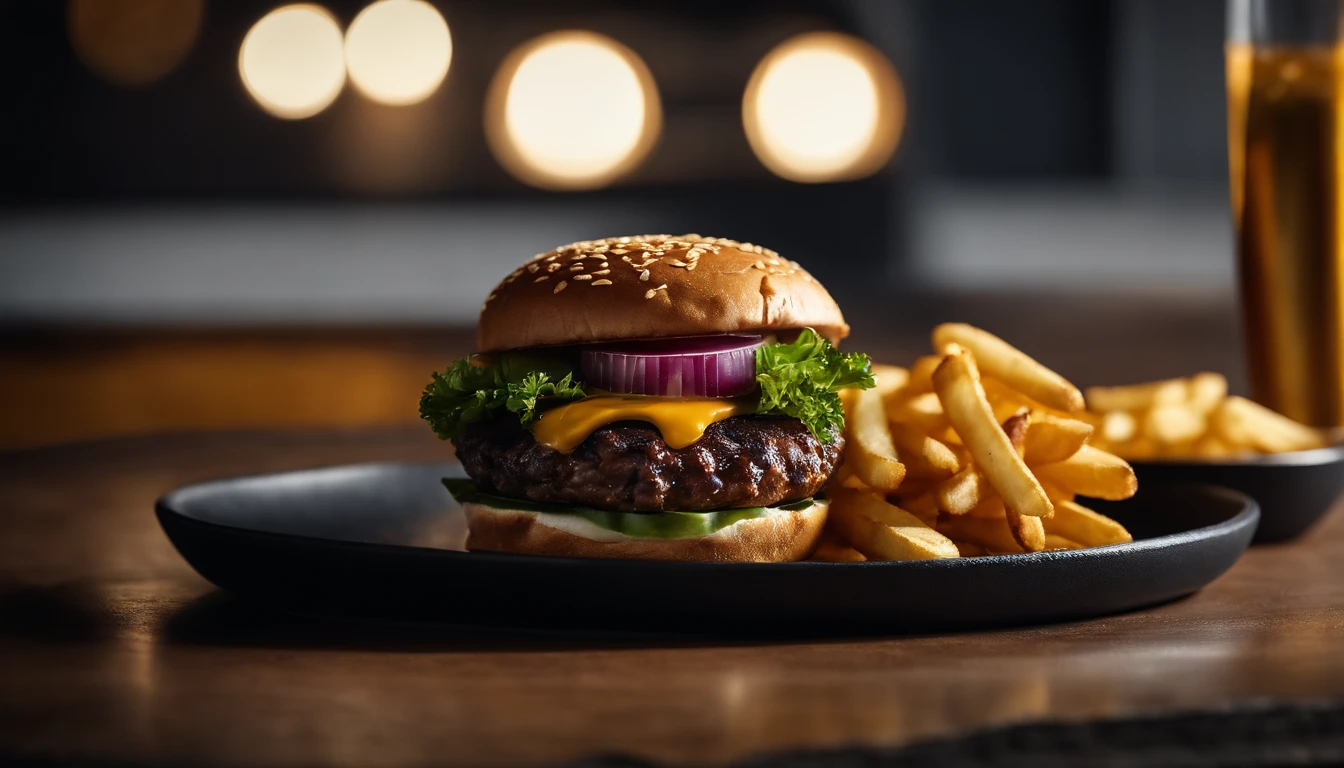 An aesthetic photo of a hamburger served on a trendy black slate plate with a side of golden crispy fries, showcasing the burger’s modern and stylish presentation