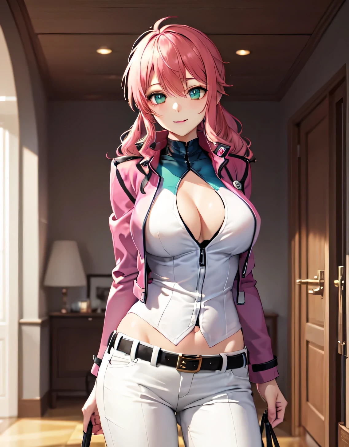 feldt grace, felt uniform, Long hair, Cropped jacket, Pink jacket, White pants, Belt bag,(Large breasts:1.5),Looking at Viewer,(((masutepiece))),((Best Quality)),Perfect Anatomy,8K UHD,extra detailed face,gloss and shiny,((1girl in)),((Solo)),(Beautiful detailed eyes:1.5),image perfect,(Upper body:1.1),(Look at the front:1.1),arms behind back,Slim waist,Shiny hair,Standing,lightsmile,indoor hall,