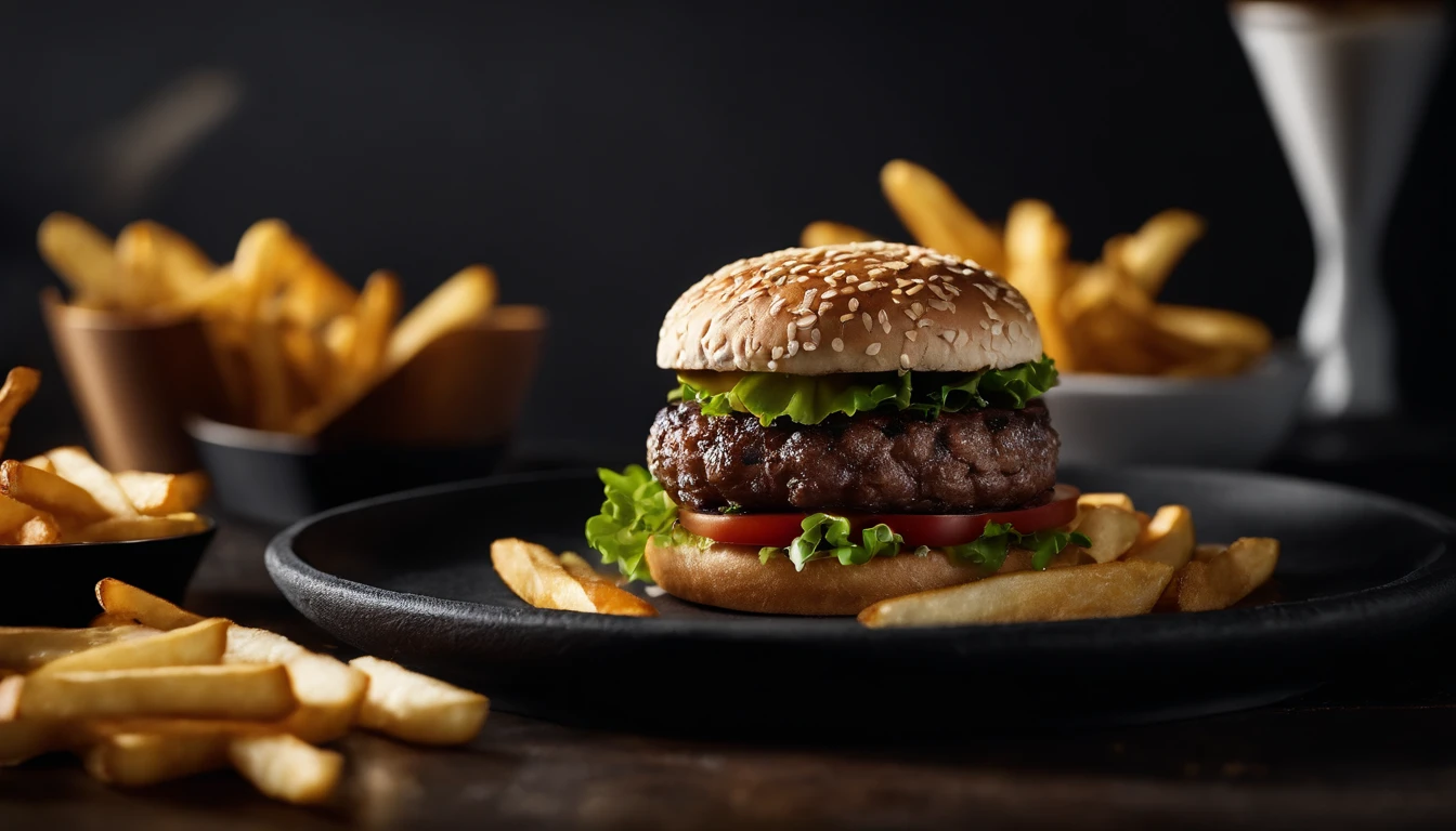 An aesthetic photo of a hamburger served on a trendy black slate plate with a side of golden crispy fries, showcasing the burger’s modern and stylish presentation