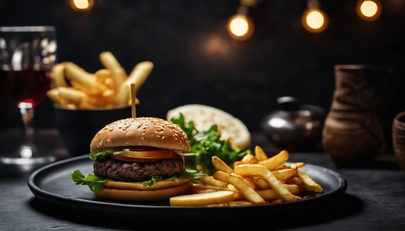 An aesthetic photo of a hamburger served on a trendy black slate plate with a side of golden crispy fries, showcasing the burger’s modern and stylish presentation