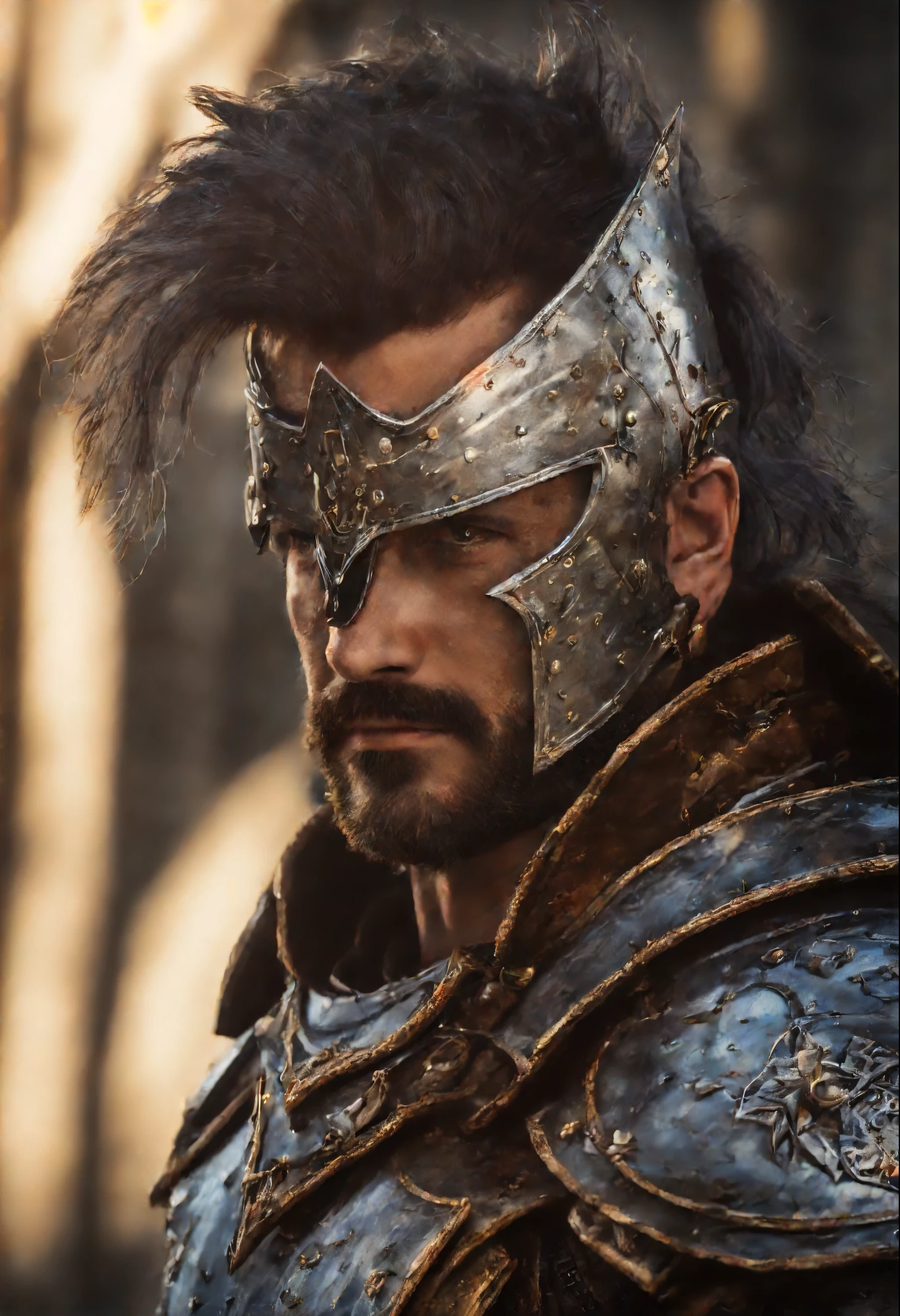 realistic, ((masterpiece)), ((best quality)), (detailed), cinematic, dynamic lighting, soft shadow, detailed background, professional photography, depth of field, intricate, detailed face, subsurface scattering, realistic hair, realistic eyes, muscular, manly, photo of a handsome man, spikyarmor, wearing spiky knight armor, spikes, medieval, fantasy, shiny reflective metal, dynamic pose, holding weapon, silver hair, (40 years old), beard,