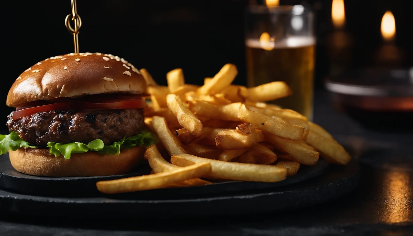 An aesthetic photo of a hamburger served on a trendy black slate plate with a side of golden crispy fries, showcasing the burger’s modern and stylish presentation