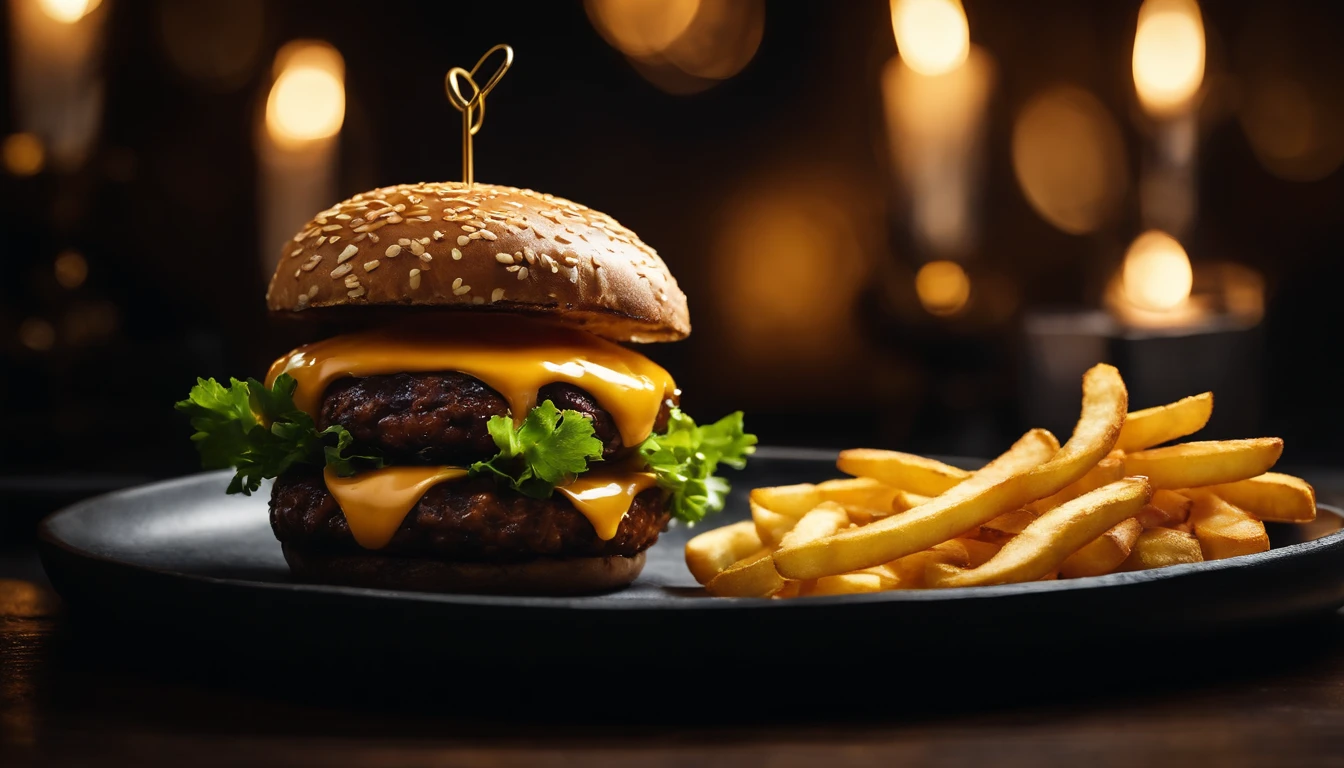 An aesthetic photo of a hamburger served on a trendy black slate plate with a side of golden crispy fries, showcasing the burger’s modern and stylish presentation
