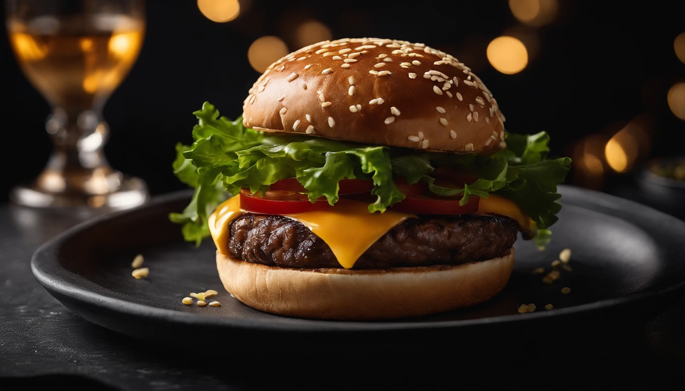 An aesthetic photo of a hamburger served on a trendy black slate plate with a side of golden crispy fries, showcasing the burger’s modern and stylish presentation