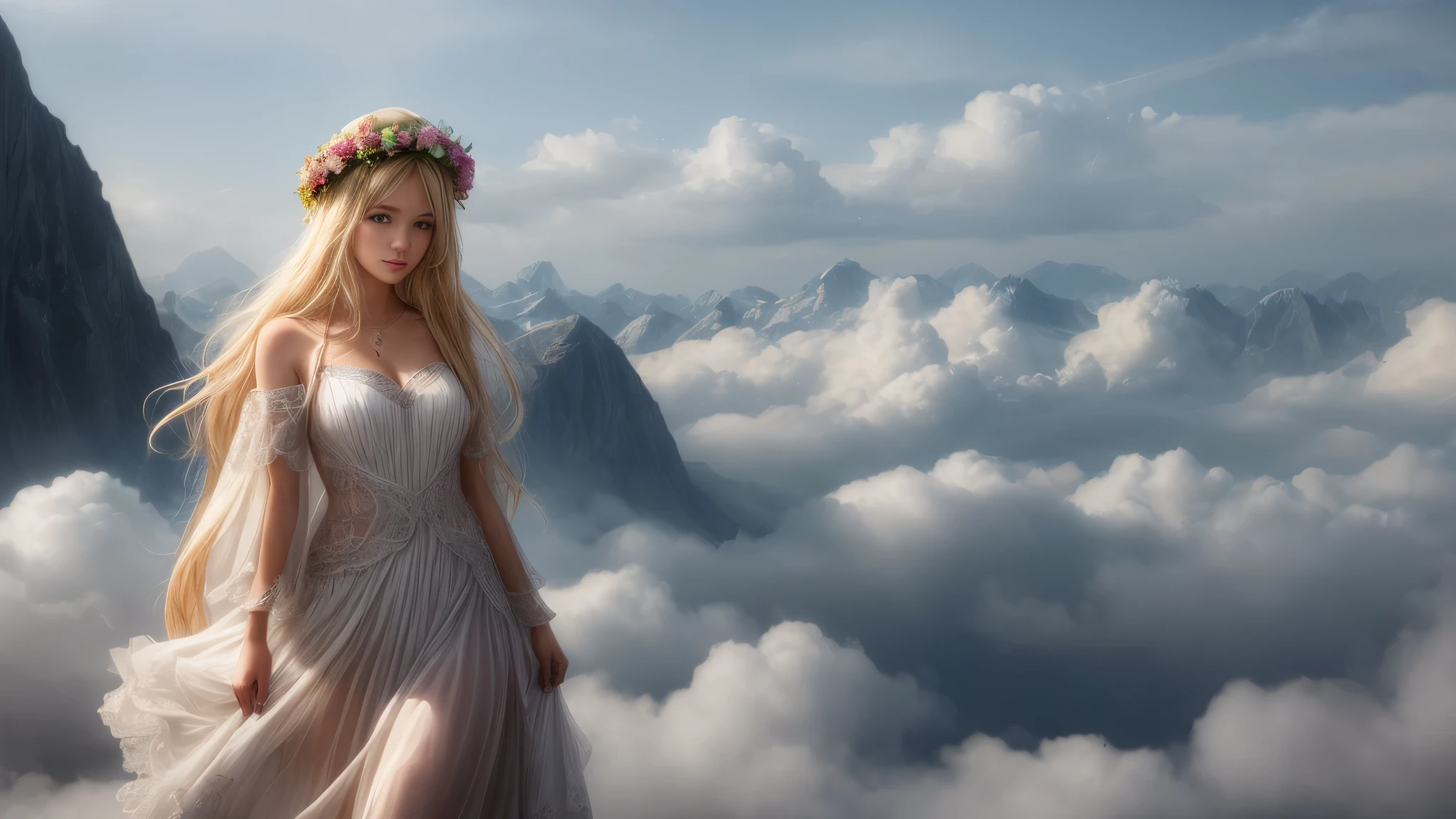 woman with long blonde hair using a flower crown walking above the clouds --auto --s2