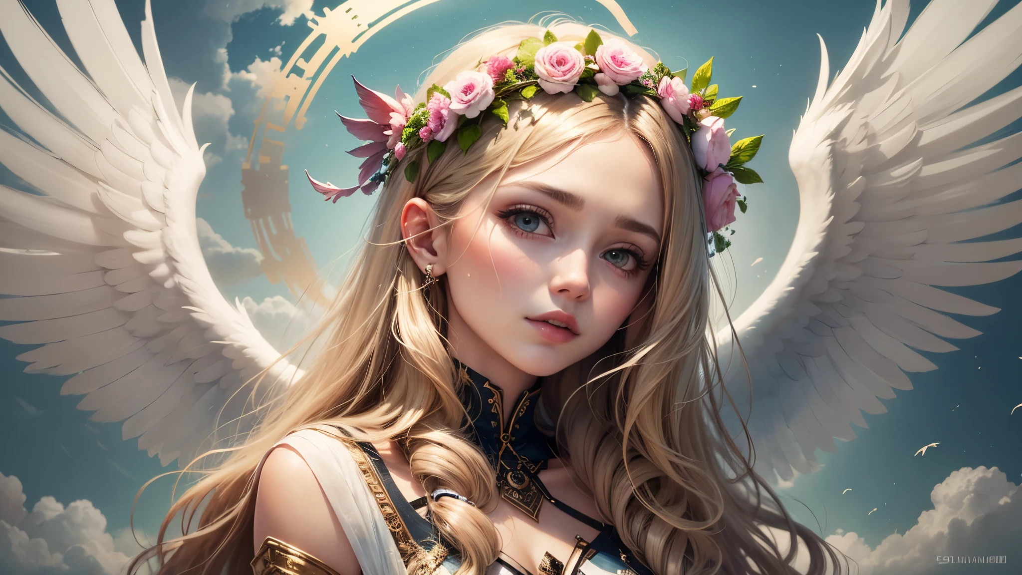 angel with long blonde hair using a flower crown and clothes adorned with precious jewels praying in the heaven above the clouds --auto --s2