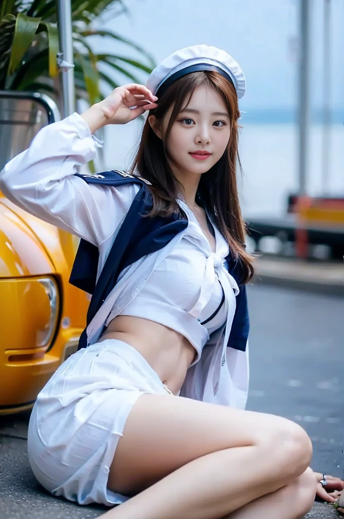 High image quality，8K，Raised sexy，barefaced，a sailor suit，focus。