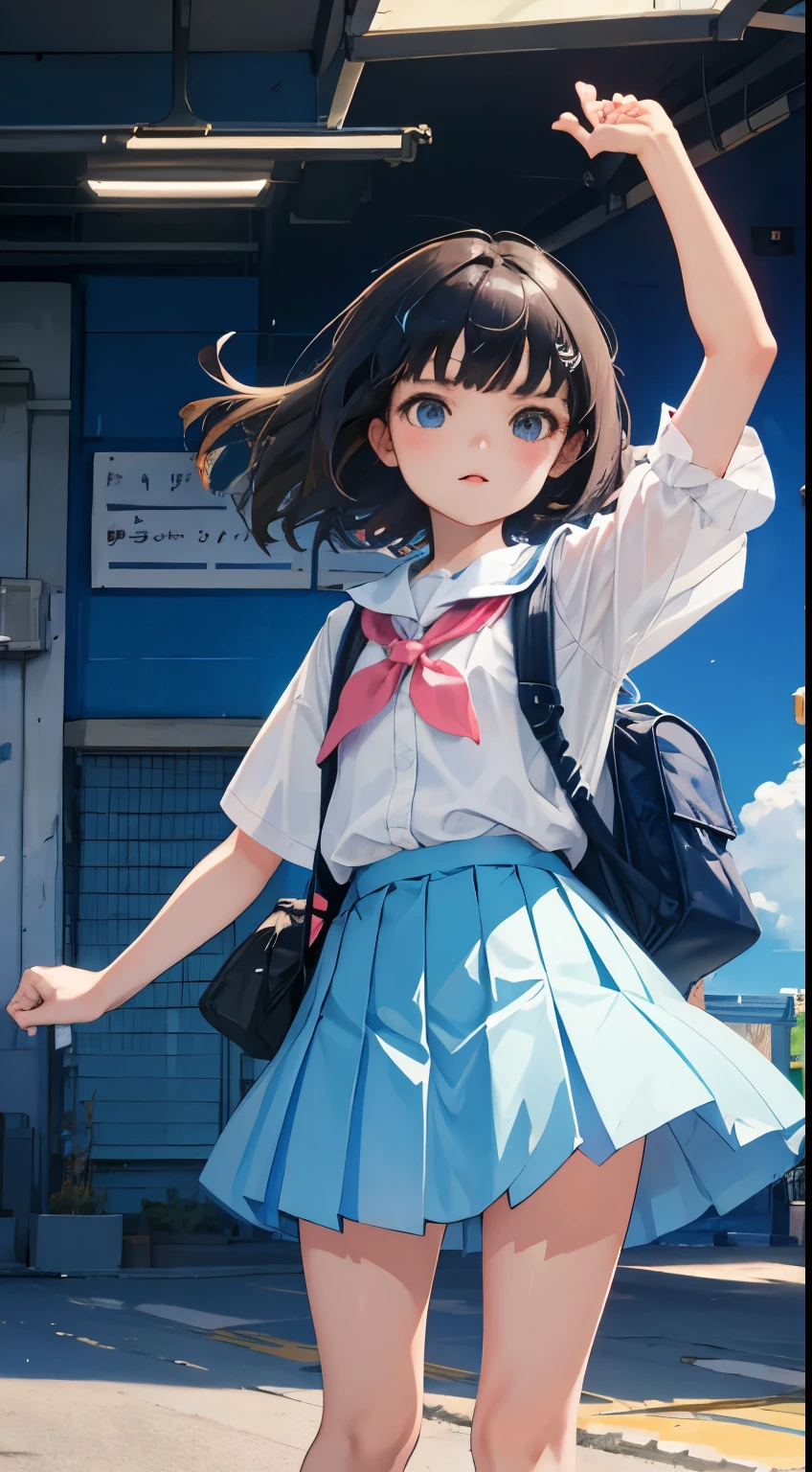 ()，（​masterpiece，Highest Quality），backpack，light blue pleated miniskirt，shortsleeves，A dark-haired，Summer Classroom，The wind is blowing，a park