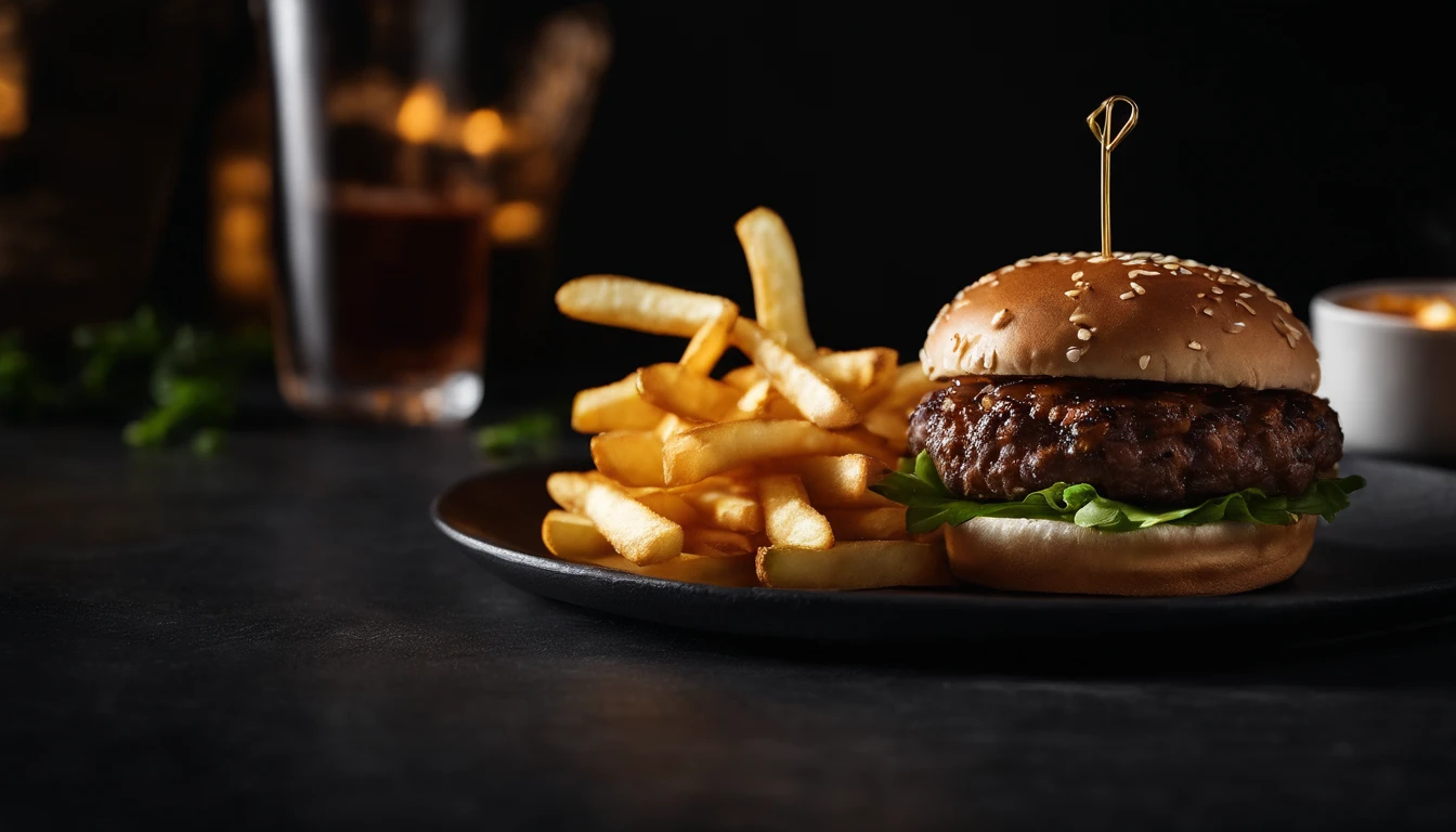 An aesthetic photo of a hamburger served on a trendy black slate plate with a side of golden crispy fries, showcasing the burger’s modern and stylish presentation