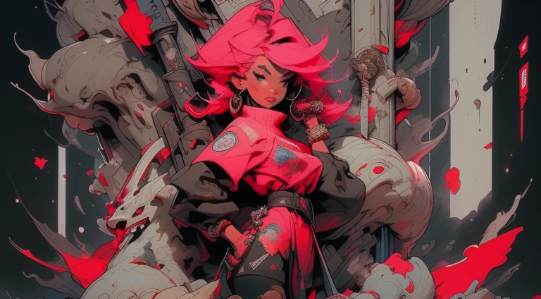 ((Very nice girl in full height)). With pink hair, posing in black and pink clothes with pink rhinoceros, tanned skin, dark skin, seductive - hot stripper, very sexy, modern style, comic book, cyberpunk, future, color fill, rich colors. Very graceful, stands half-turned, in a sporty pose, looking at the viewer. Tattoos on the body, fashionable short dresses and devices on the body. 2_Strip club, city of the future, evening city, lanterns, illumination. 3_High image quality, Full HD, cinematic comic, 3D visualization_in comic style - linear stroke, color fill, high-quality stroke - a masterpiece, TOP computer graphics ART. dark lighting, strong shadow. (vivid, anime, comic, creative, sharp focus, 8K). High detail of the drawing, lines, high-quality background (shades of cold tones, red, warm highlights, side lighting), Architecture, cyberpunk, futurism. Film grains, dust and particles in the air.