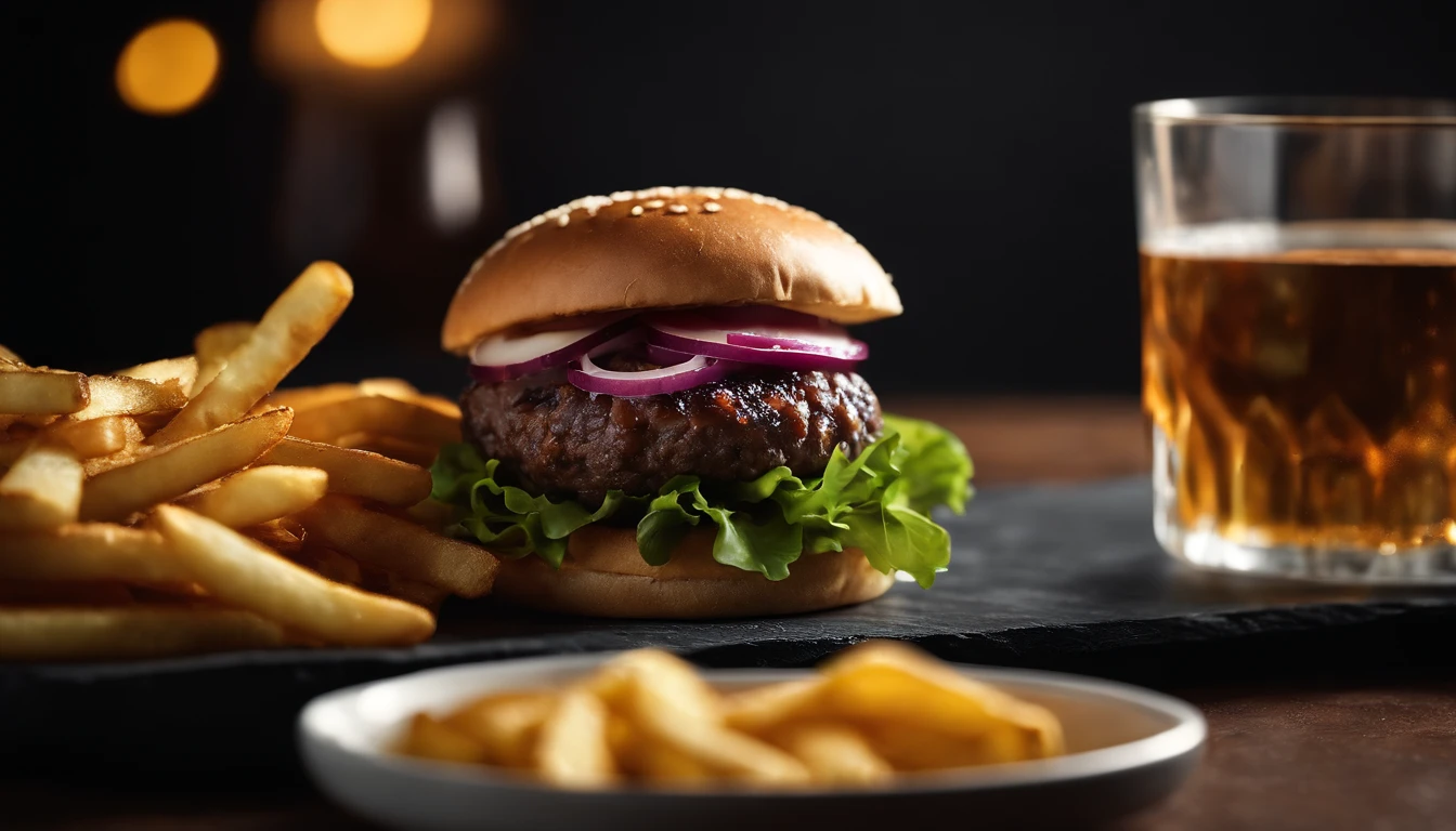 An aesthetic photo of a hamburger served on a trendy black slate plate with a side of golden crispy fries, showcasing the burger’s modern and stylish presentation