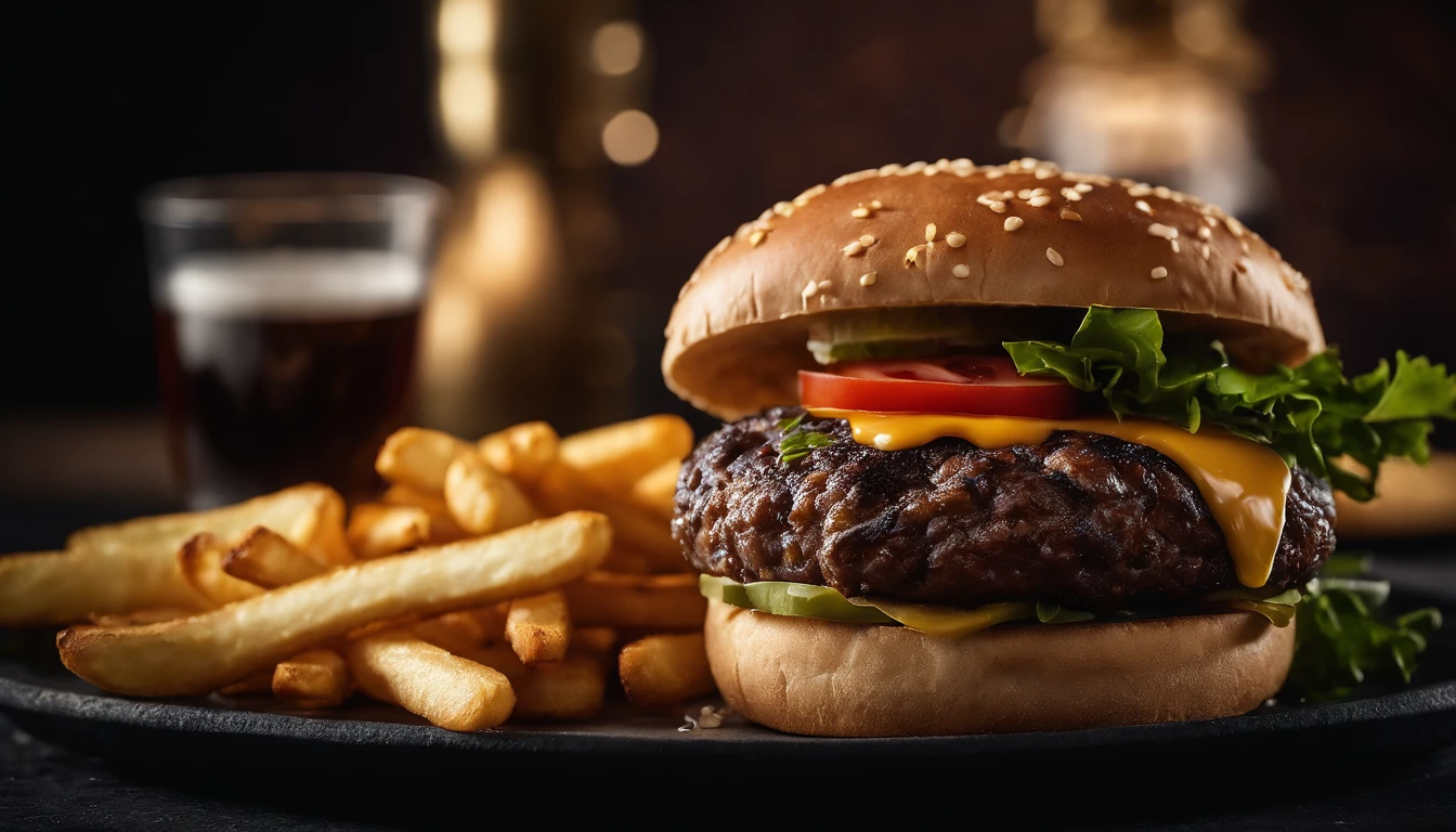 An aesthetic photo of a hamburger served on a trendy black slate plate with a side of golden crispy fries, showcasing the burger’s modern and stylish presentation