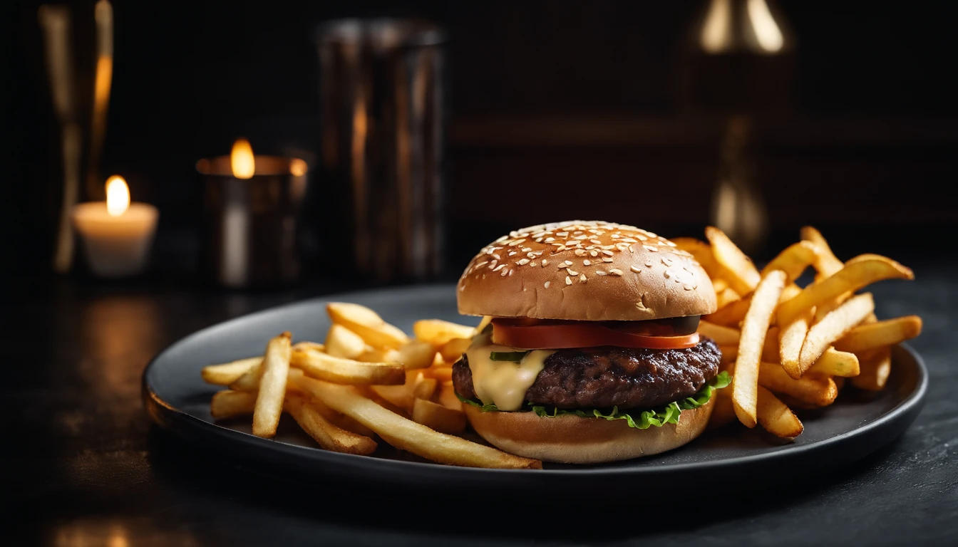 An aesthetic photo of a hamburger served on a trendy black slate plate with a side of golden crispy fries, showcasing the burger’s modern and stylish presentation