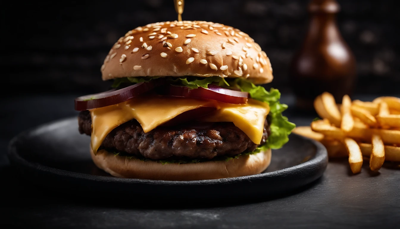 An aesthetic photo of a hamburger served on a trendy black slate plate with a side of golden crispy fries, showcasing the burger’s modern and stylish presentation