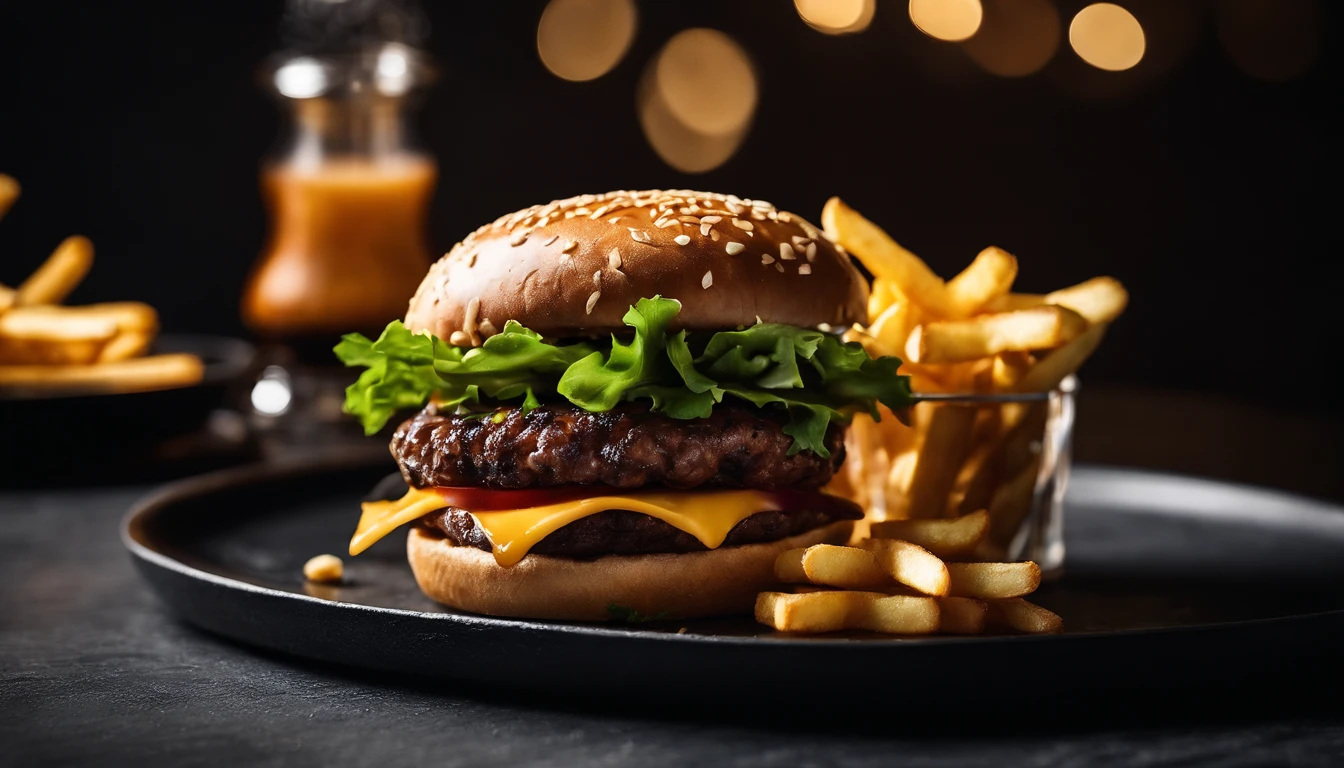 An aesthetic photo of a hamburger served on a trendy black slate plate with a side of golden crispy fries, showcasing the burger’s modern and stylish presentation