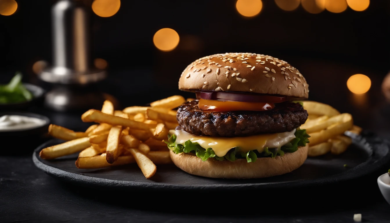 An aesthetic photo of a hamburger served on a trendy black slate plate with a side of golden crispy fries, showcasing the burger’s modern and stylish presentation