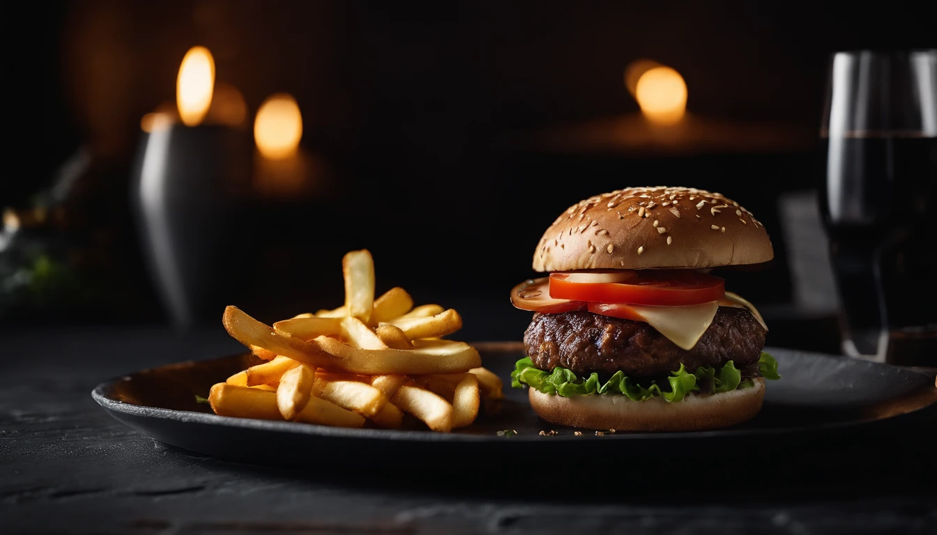 An aesthetic photo of a hamburger served on a trendy black slate plate with a side of golden crispy fries, showcasing the burger’s modern and stylish presentation