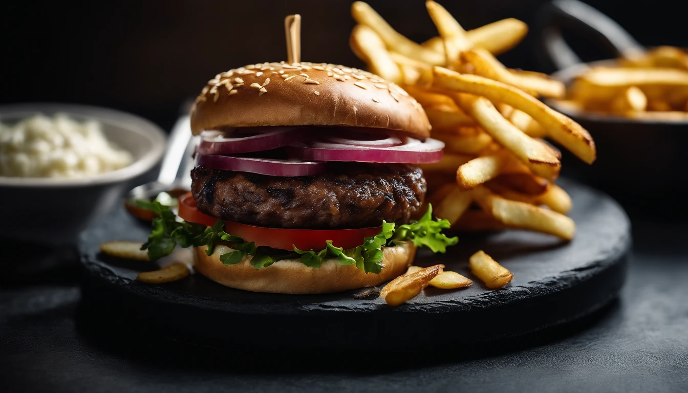 An aesthetic photo of a hamburger served on a trendy black slate plate with a side of golden crispy fries, showcasing the burger’s modern and stylish presentation