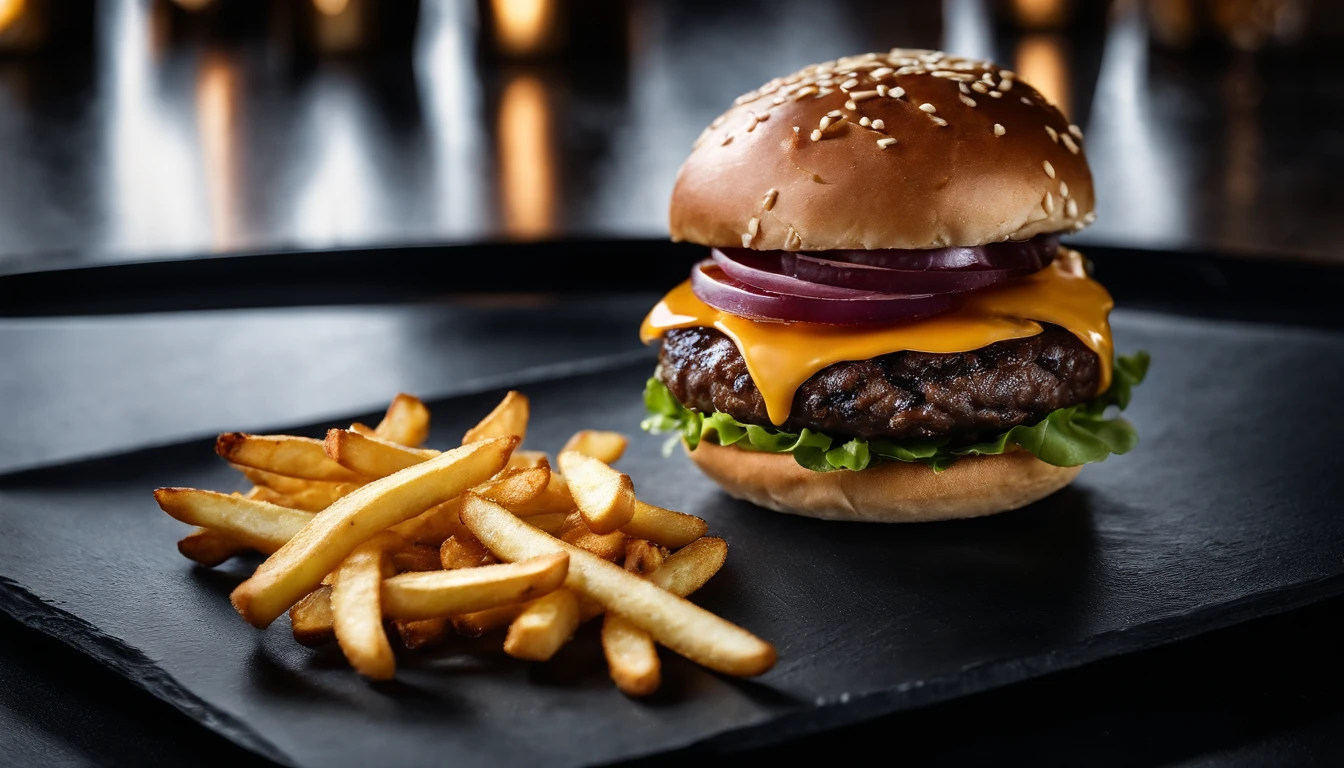 An aesthetic photo of a hamburger served on a trendy black slate plate with a side of golden crispy fries, showcasing the burger’s modern and stylish presentation