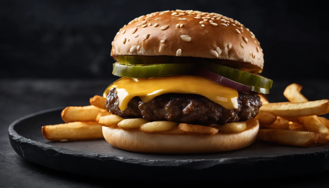 An aesthetic photo of a hamburger served on a trendy black slate plate with a side of golden crispy fries, showcasing the burger’s modern and stylish presentation