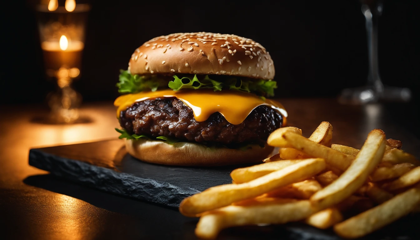 An aesthetic photo of a hamburger served on a trendy black slate plate with a side of golden crispy fries, showcasing the burger’s modern and stylish presentation