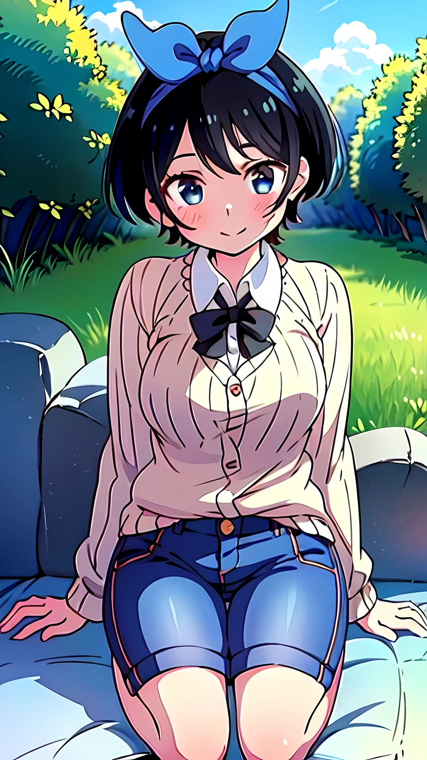 Top Quality, Masterpiece, Ultra High Definition, 8K, Summer Sky, Early Summer, (Pants, Sheer Cardigan, Sneakers), Shojo Manga Style Loli, One, Soft Line Art, Digital Enhancement, Shoujo Manga Touch, Shojo Manga Core, Flowing Fabric, Close Up, (Shoulder Length and Short Braid)), Wet Hair, Soft Drawing, Beautiful Black Hair, Clear Eyes, ((Teasing smile)) , Ultra-detailed digital anime art, clear face depiction, ultra-detailed shoujo manga character art, clear facial features, ultra-detailed manga style, top quality colors, hand gestures, landscape with nature, looking up at the sky, angle to see up to your feet, sit