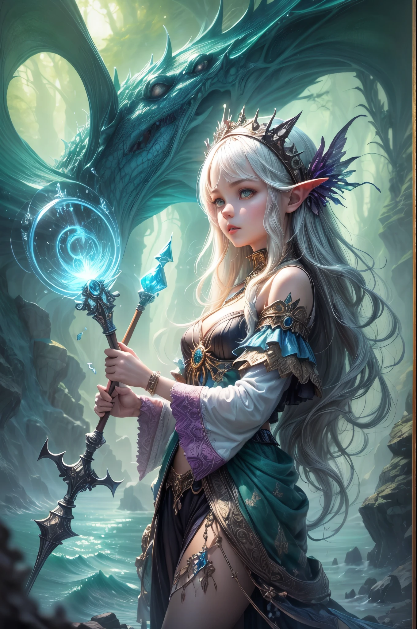 Conjure a mesmerizing fantasy book cover featuring a girl standing on a cliff by the sea, surrounded by magical elements. Drawing inspiration from the fantasy genre, infuse the scene with ethereal blues and greens, reminiscent of Brian Froud's enchanting style. The girl, with a determined expression, wields a magical staff, channeling energies that create a luminous aura. The sea below is adorned with mystical creatures, setting the stage for a captivating adventure.