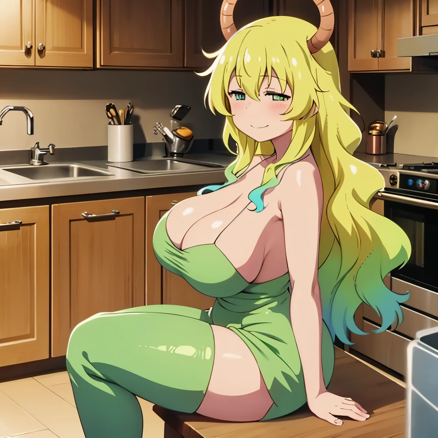 lucoa (Dragon maid), girl, long blonde with green highlights hair, wearing only a apricon ,holding her big breasts , one blue eye and one green eye, dragon eyes, ultra high quality, full body shot,open legs, looking at viewer, masterpiece, smirk and blushing, kitchen.