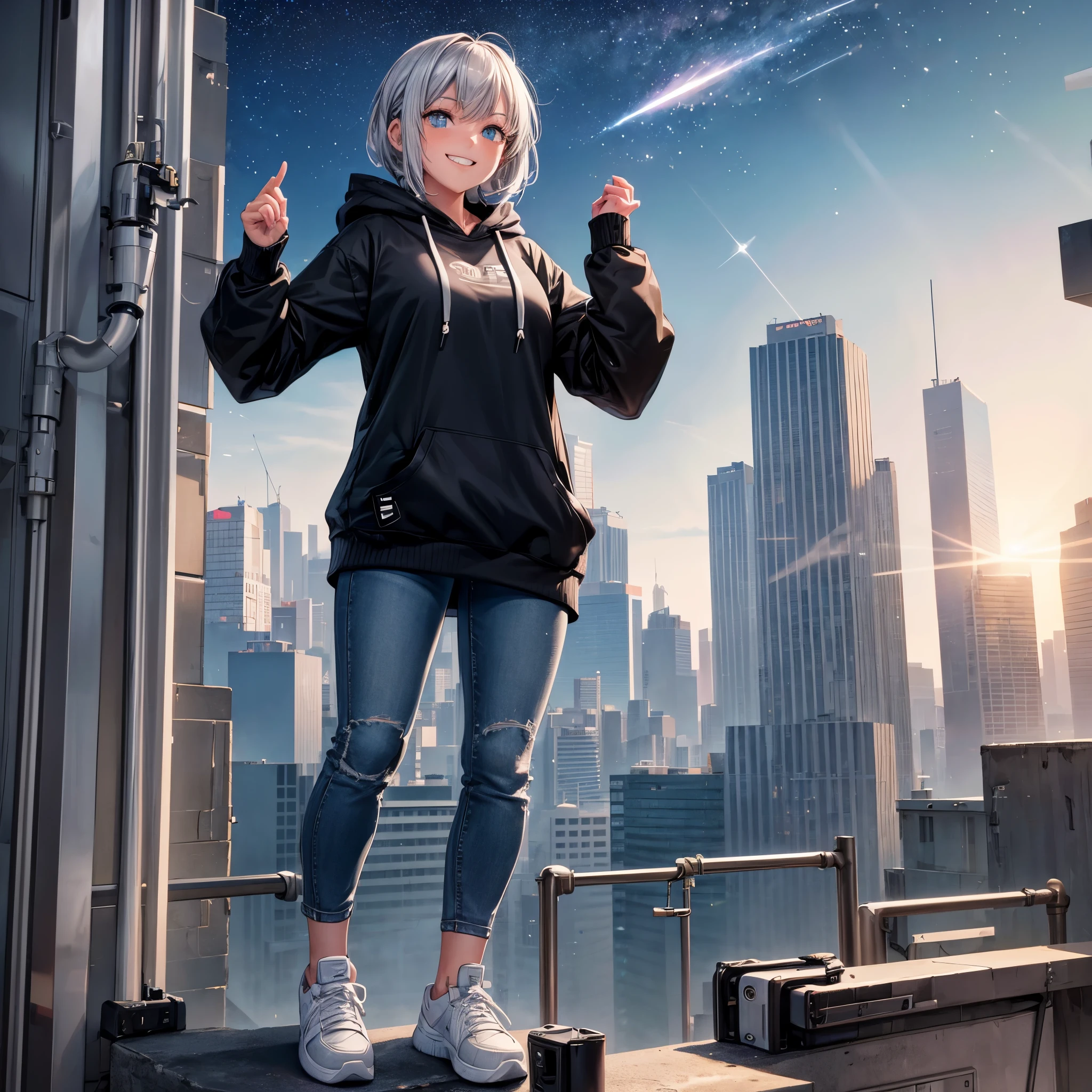 A young woman with robotic arms is on top of a building, observando a cidade abaixo. She is wearing a gray hooded sweatshirt, black jeans and a pair of white sneakers. She is also wearing a silver necklace with a shooting star.. She is grinning, With a look of wonder on his face.