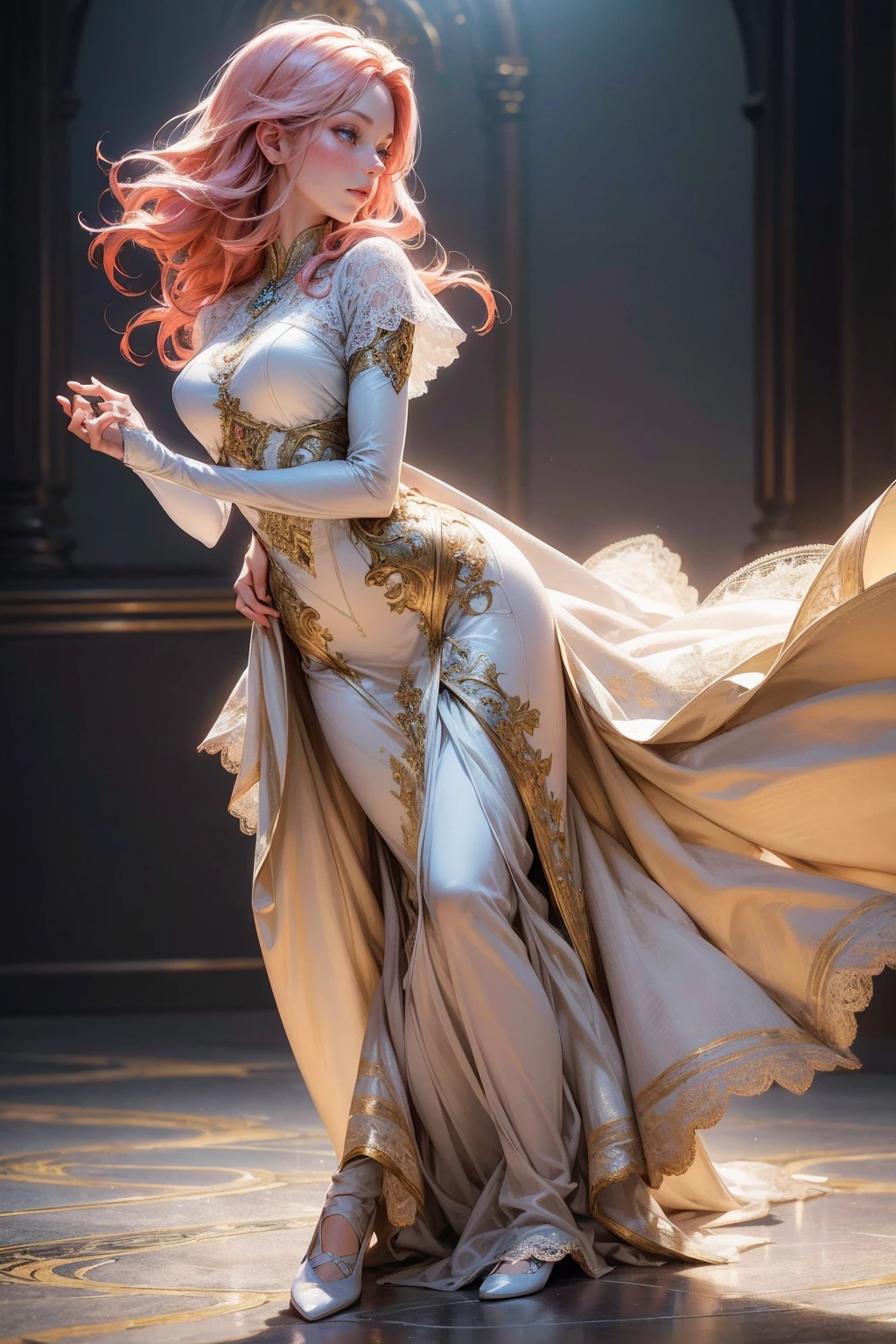 {-erro_de_anatomia:1.0}(best quality,4k,8k,highres,masterpiece:1.2), ultra-detailed, (realistic,photorealistic,photo-realistic:1.37), mature milf, illyasviel von einzbern, redhead hair, full body, vibrant colors, glowing skin, mesmerizing eyes, elegant pose, enchanting background, delicate lace dress, surreal lighting, ethereal atmosphere, mystical aura, intricate details, artistic medium, digital illustration, fantasy, anime, dancing litghtly